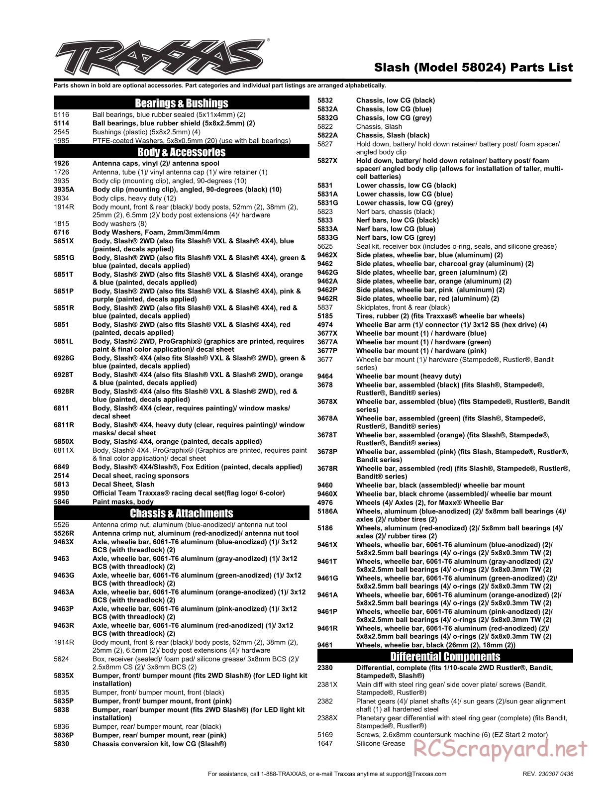 Traxxas - Slash 2WD (2012) - Parts List - Page 1