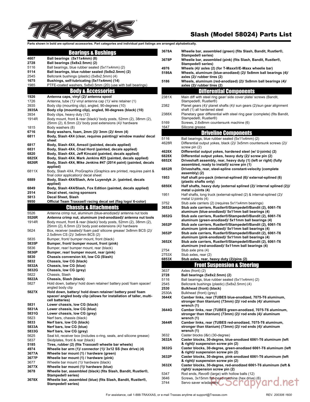 Traxxas - Slash 2WD - Parts List - Page 1
