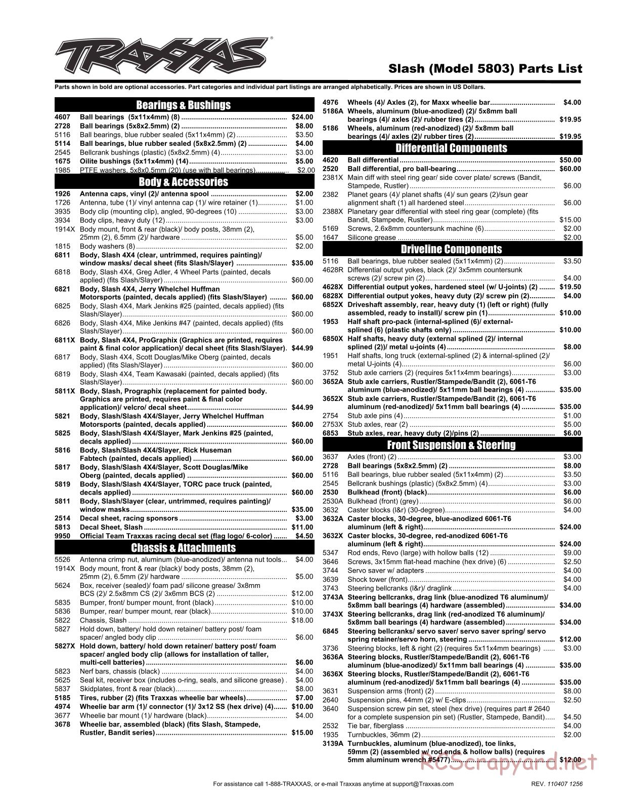 Traxxas - Slash 2WD - Parts List - Page 1