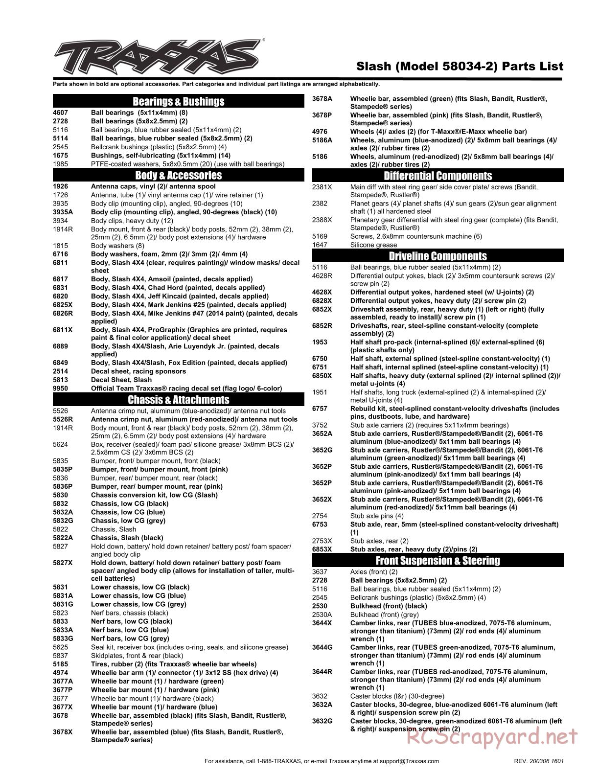 Traxxas - Slash OBA 2WD - Parts List - Page 1