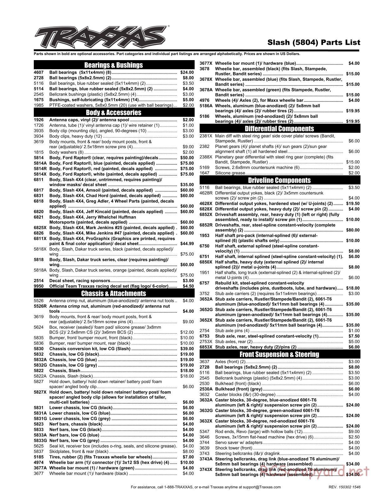 Traxxas - Slash 2WD Robby Gordon Dakar Ed (2012) - Parts List - Page 1