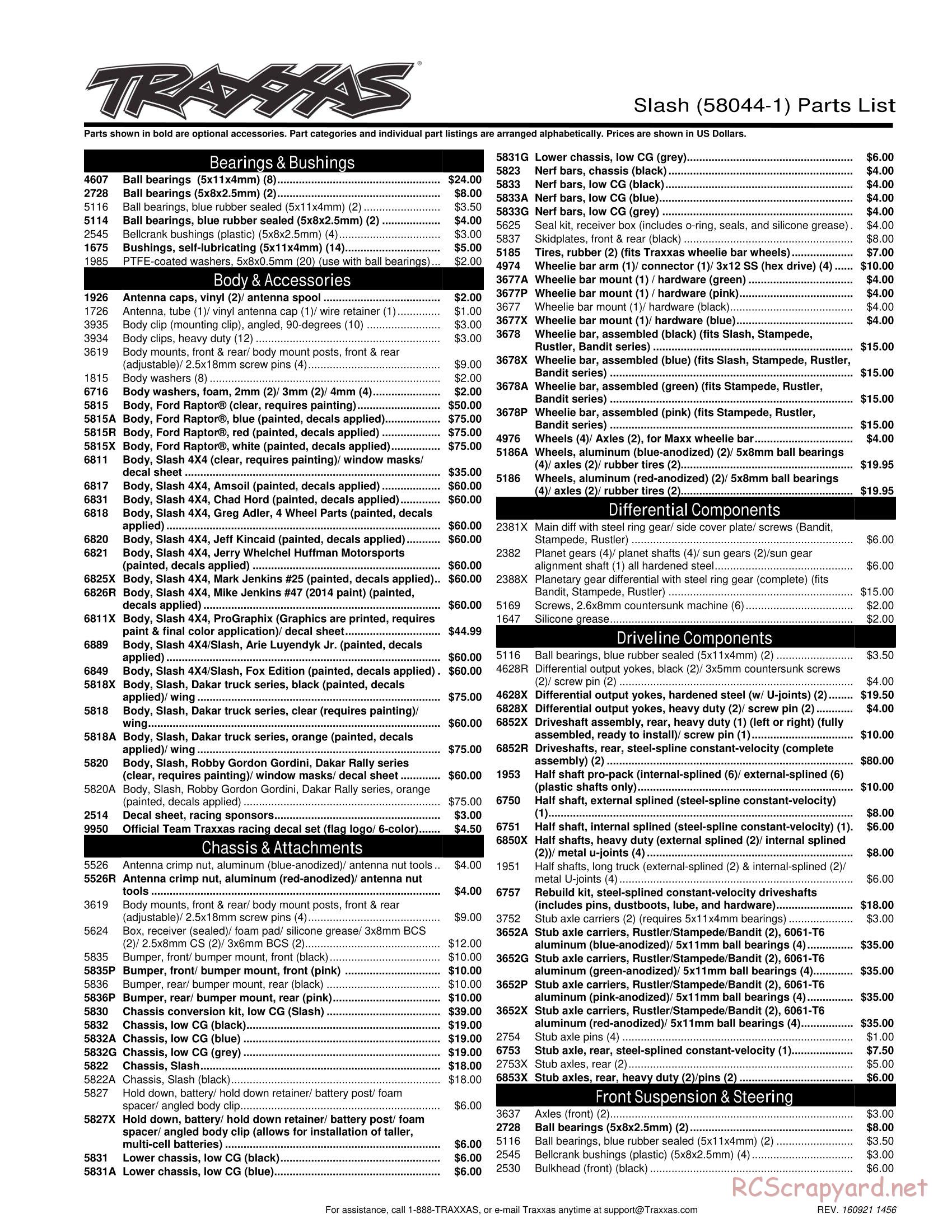 Traxxas - Slash 2WD Robby Gordon Dakar Ed (2014) - Parts List - Page 1