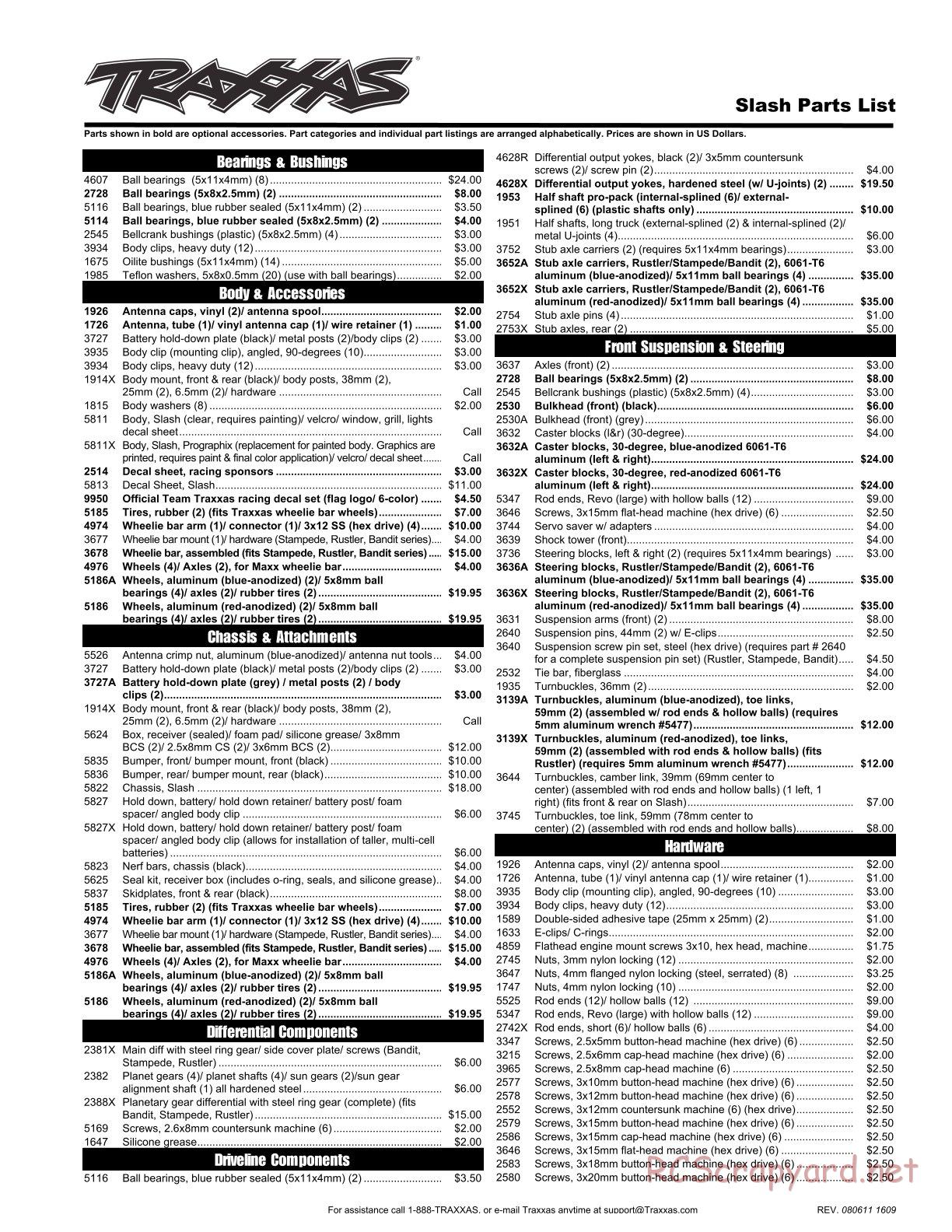 Traxxas - Slash 2WD - Parts List - Page 1