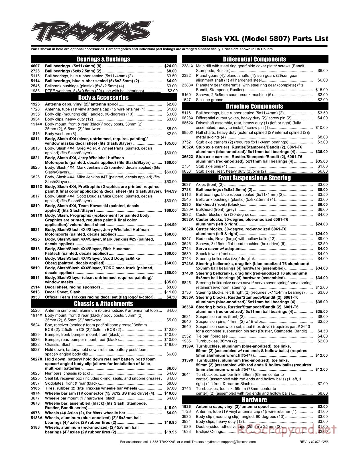 Traxxas - Slash 2WD VXL - Parts List - Page 1