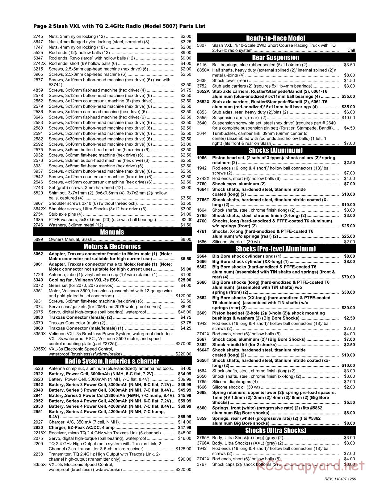 Traxxas - Slash 2WD VXL - Parts List - Page 2