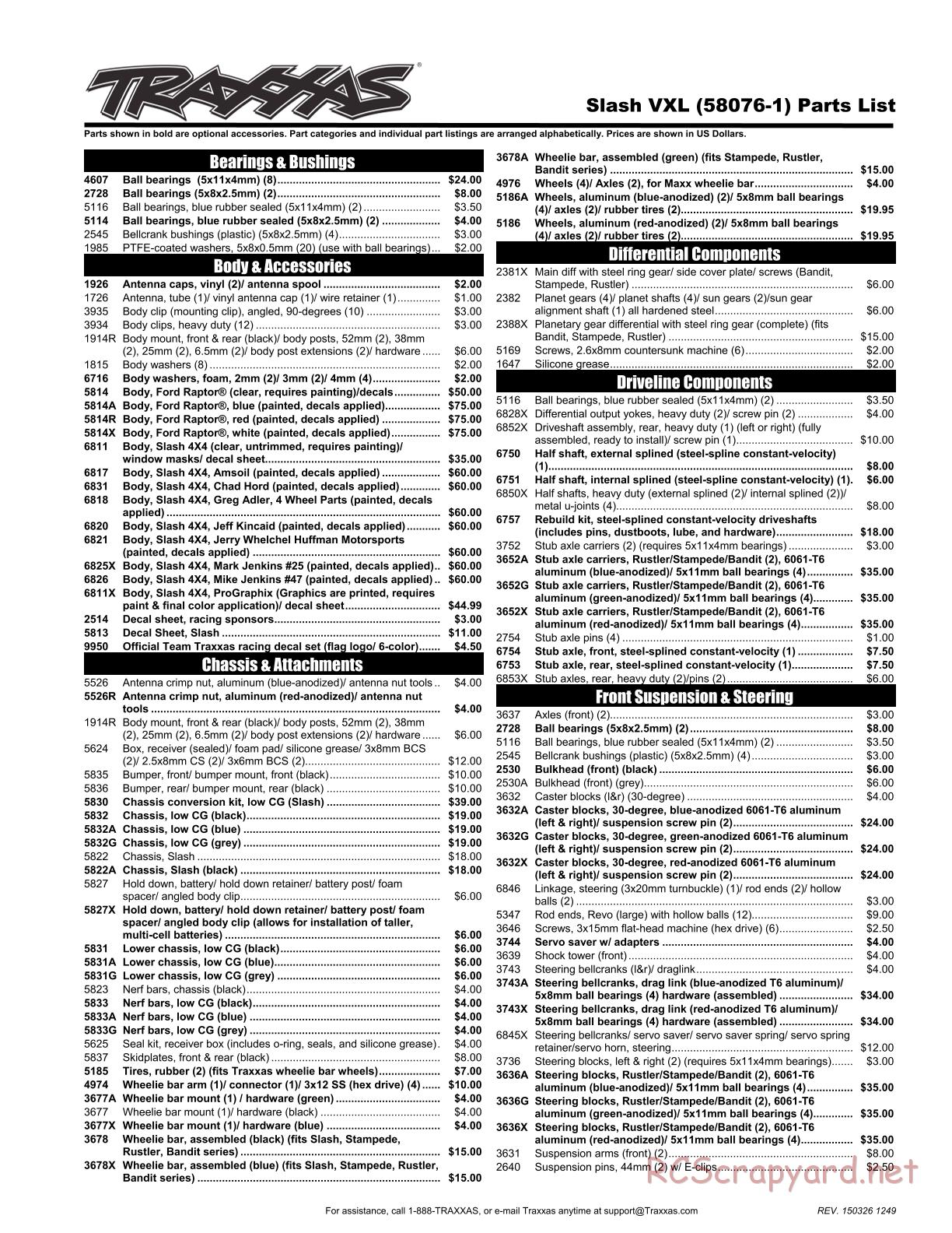 Traxxas - Slash 2WD VXL (2015) - Parts List - Page 1