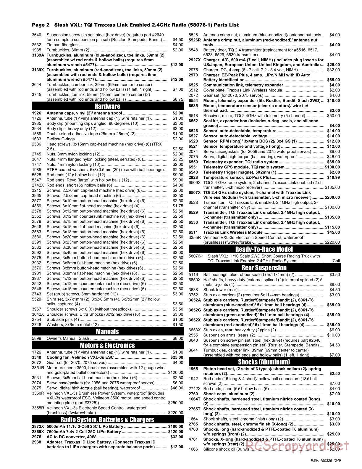 Traxxas - Slash 2WD VXL (2015) - Parts List - Page 2