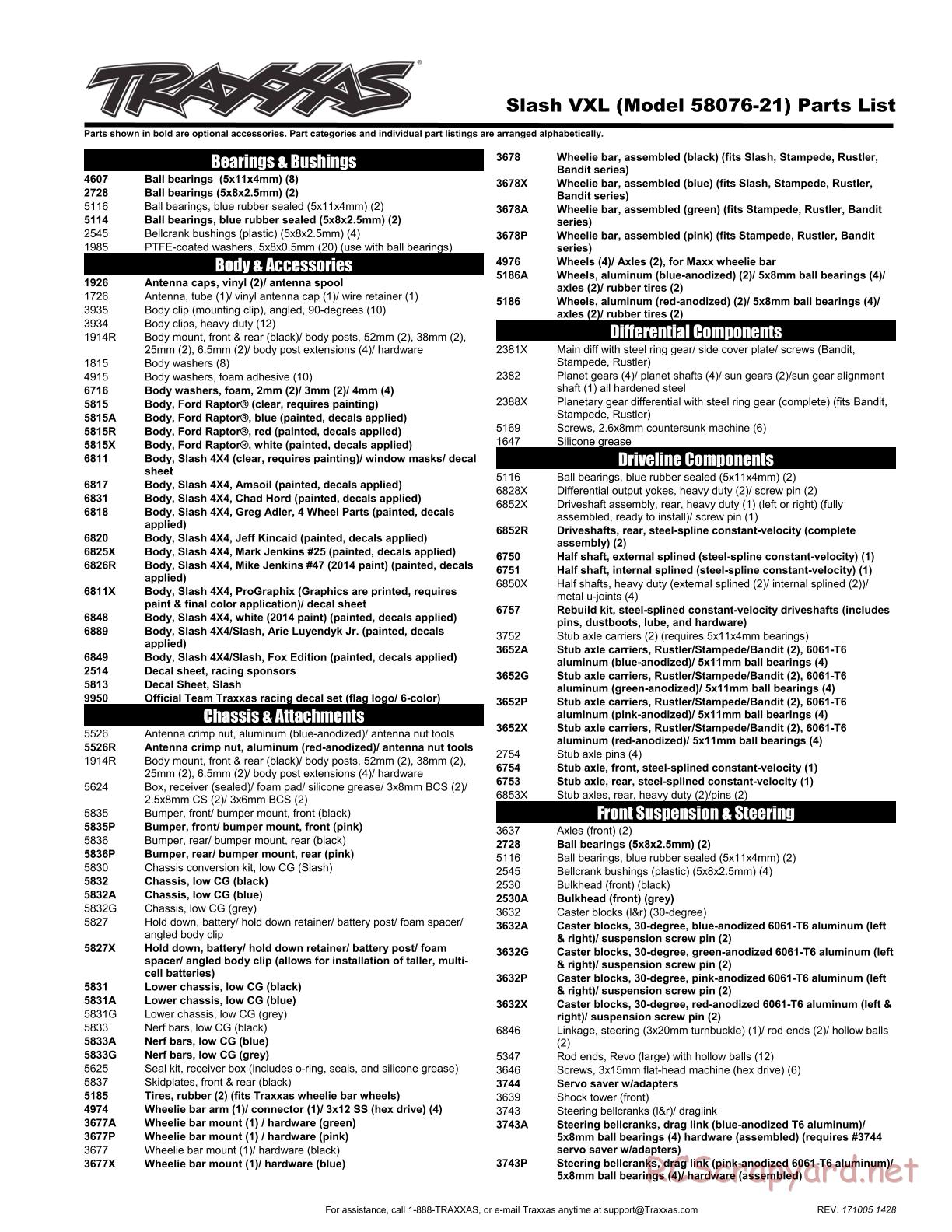 Traxxas - Slash 2WD VXL TSM OBA (2015) - Parts List - Page 1