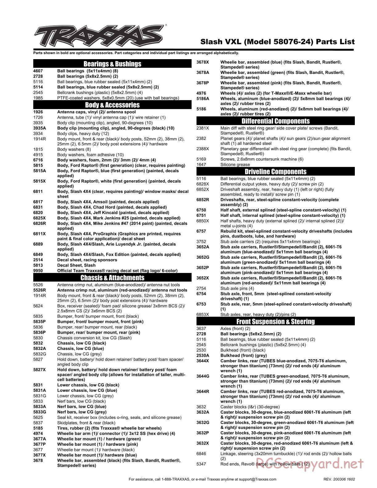 Traxxas - Slash 2WD VXL TSM OBA (2017) - Parts List - Page 1