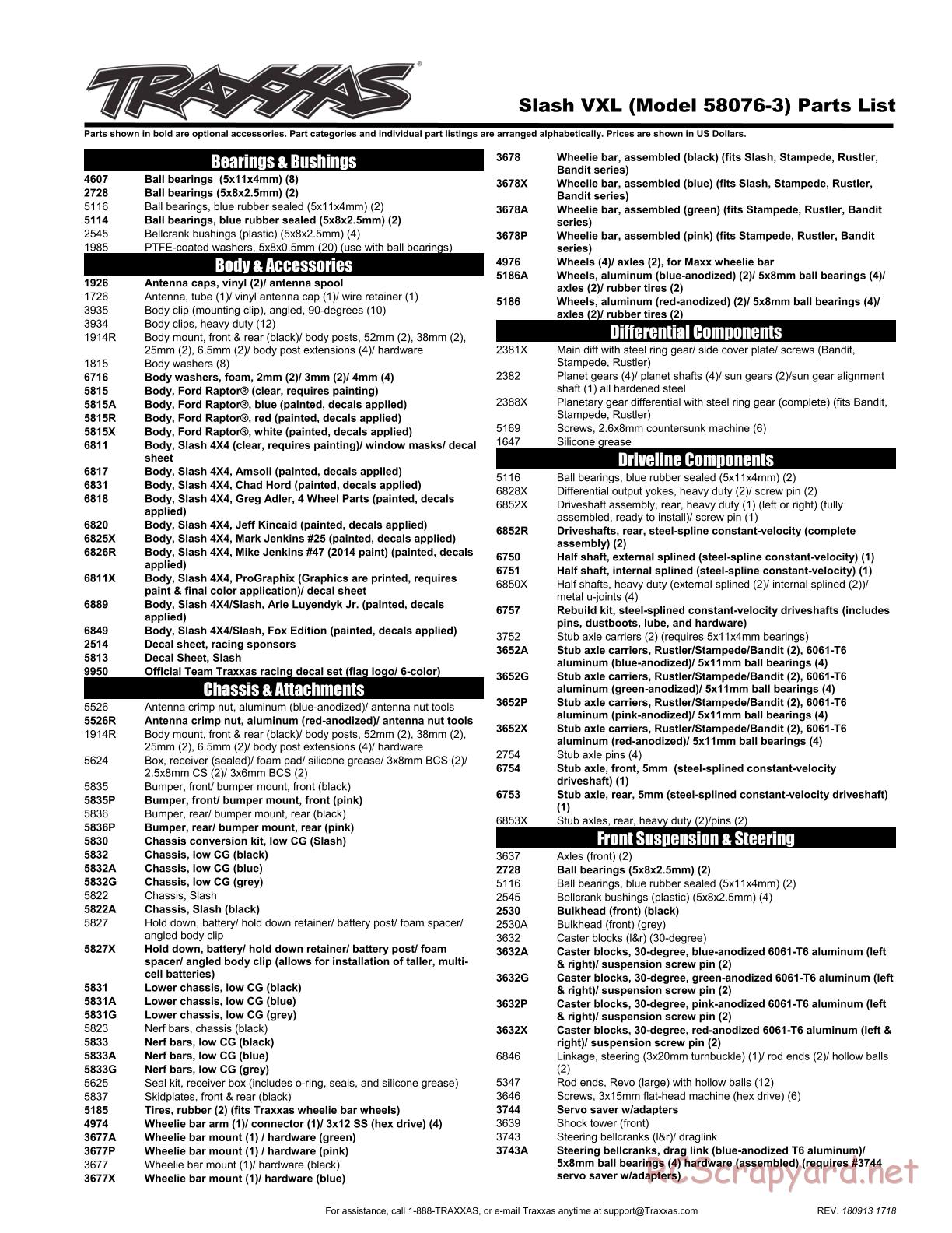 Traxxas - Slash 2WD VXL TSM (2015) - Parts List - Page 1