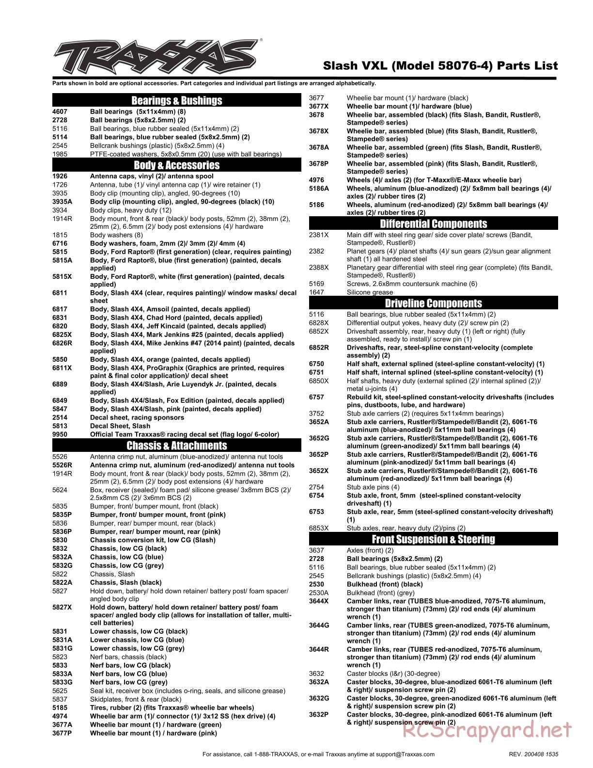 Traxxas - Slash VXL TSM 2WD - Parts List - Page 1