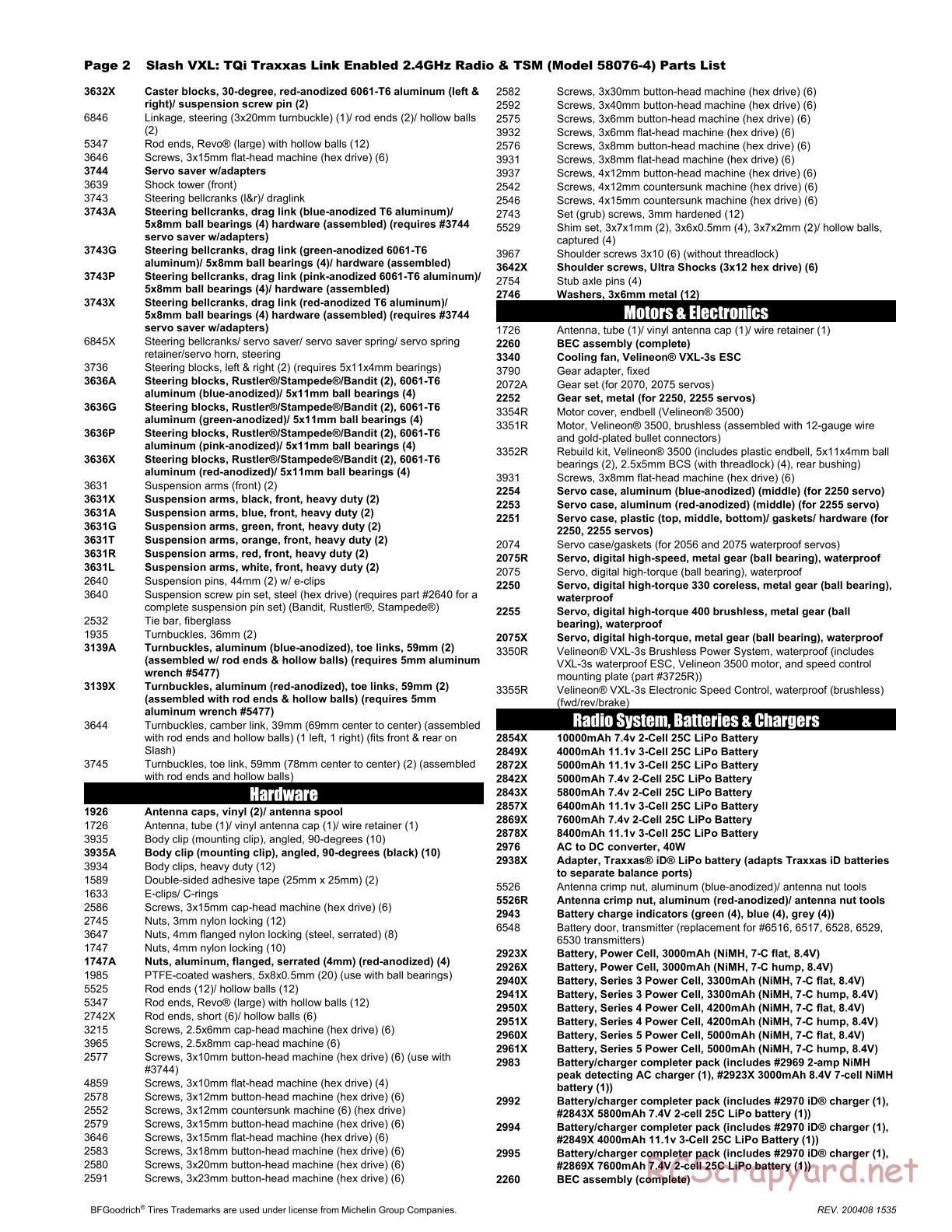 Traxxas - Slash VXL TSM 2WD - Parts List - Page 2