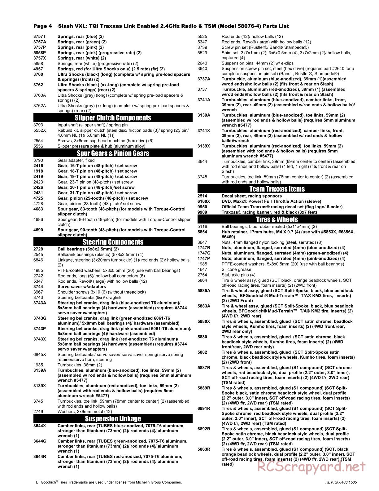 Traxxas - Slash VXL TSM 2WD - Parts List - Page 4