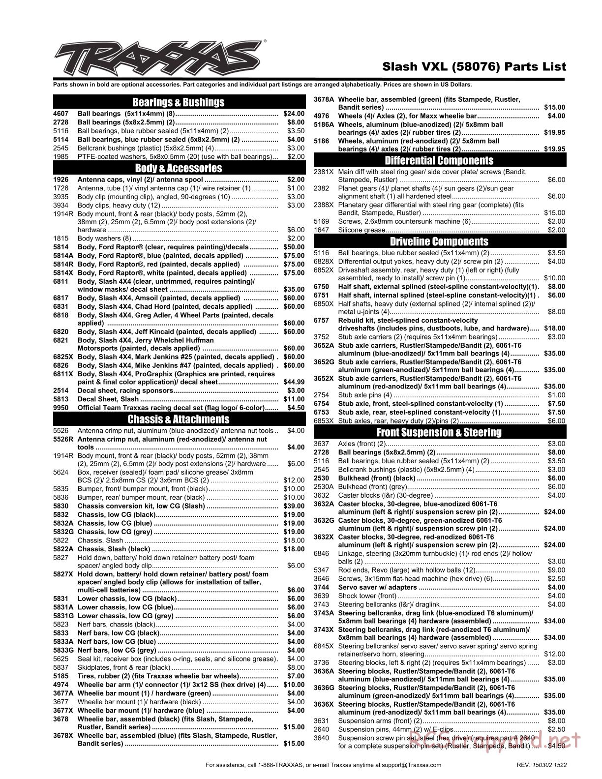 Traxxas - Slash 2WD VXL (2014) - Parts List - Page 1