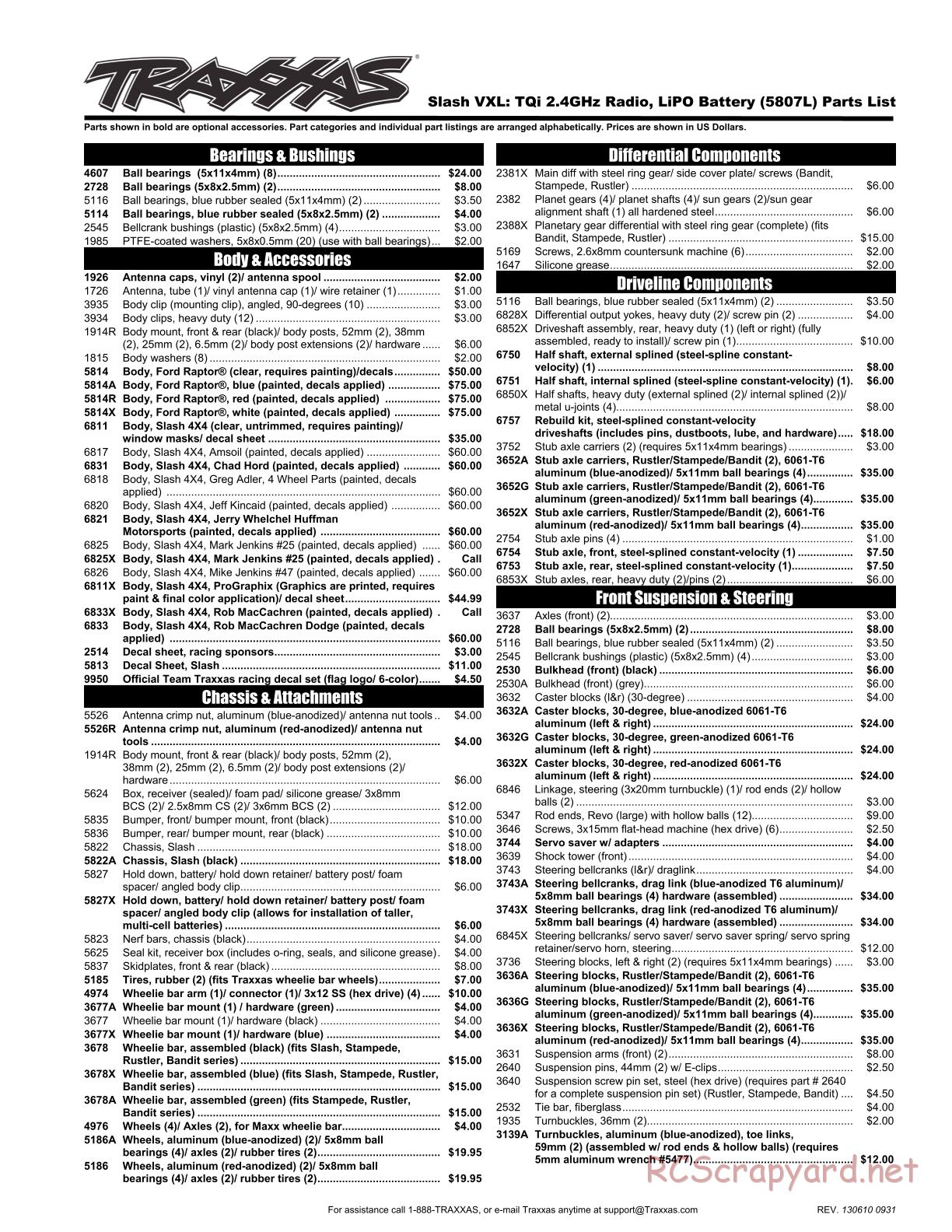 Traxxas - Slash 2WD VXL LiPo (2012) - Parts List - Page 1