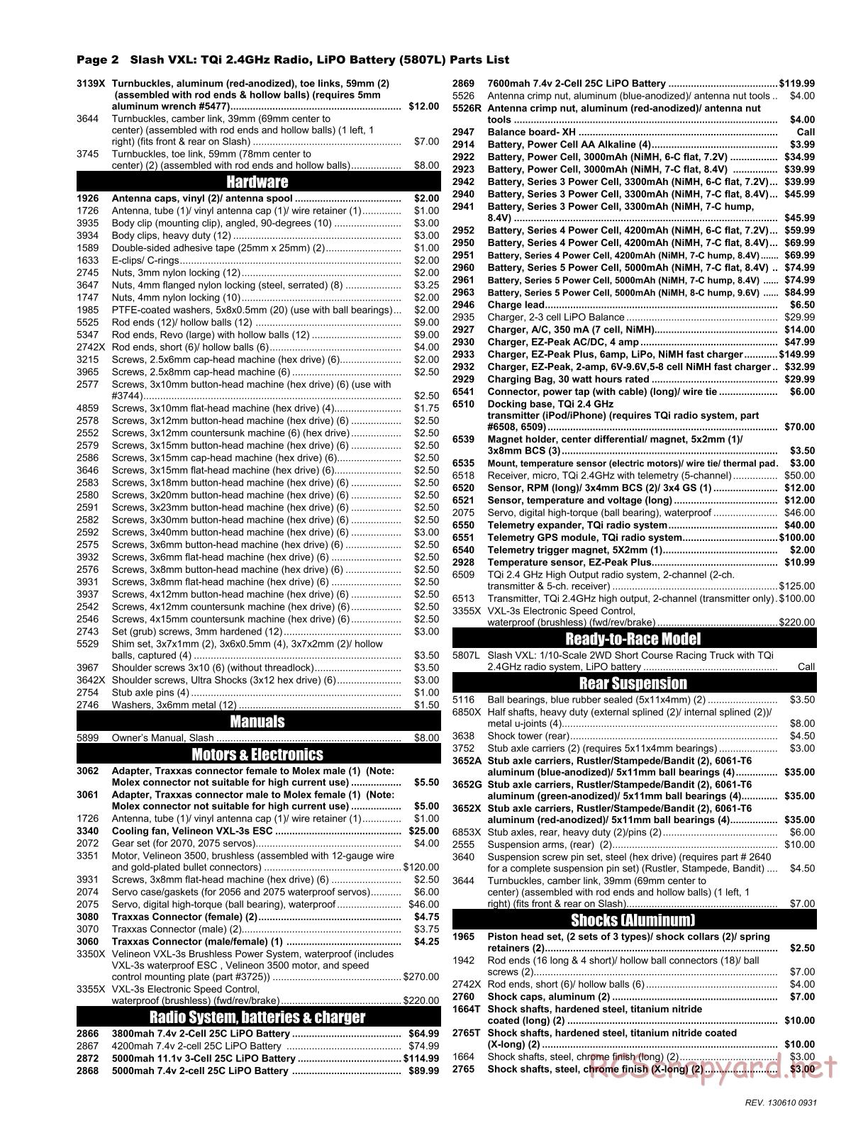 Traxxas - Slash 2WD VXL LiPo (2012) - Parts List - Page 2