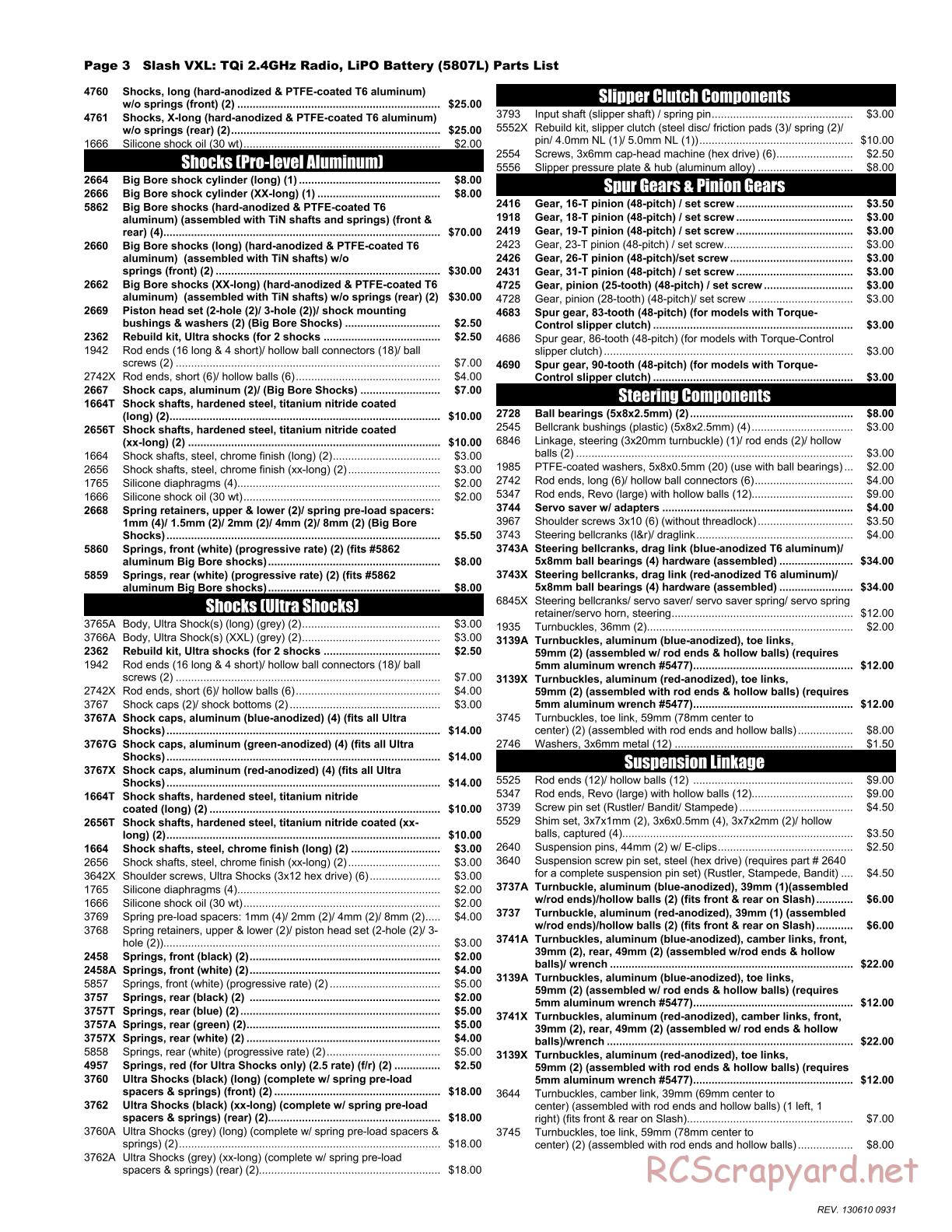 Traxxas - Slash 2WD VXL LiPo (2012) - Parts List - Page 3