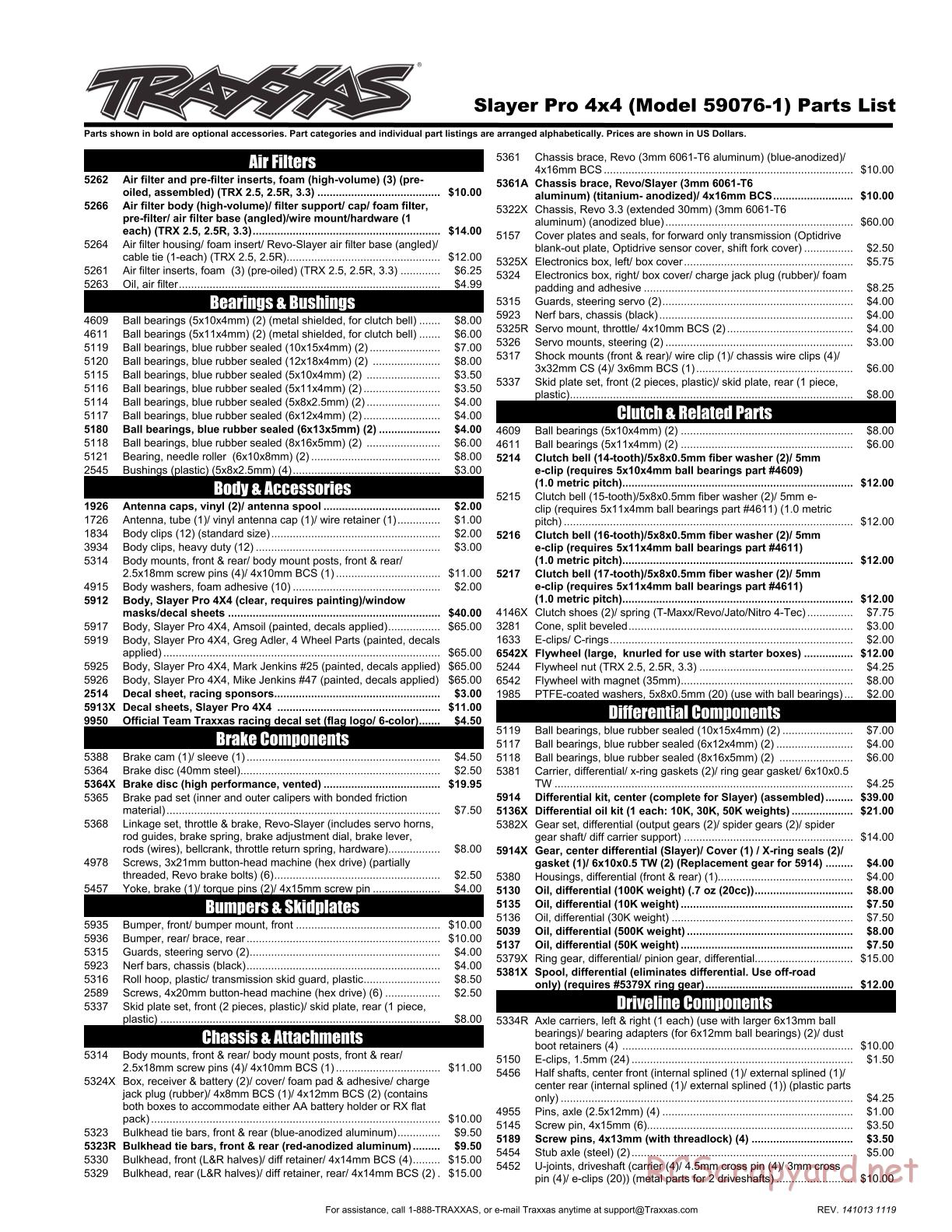 Traxxas - Slayer Pro 4x4 (2014) - Parts List - Page 1