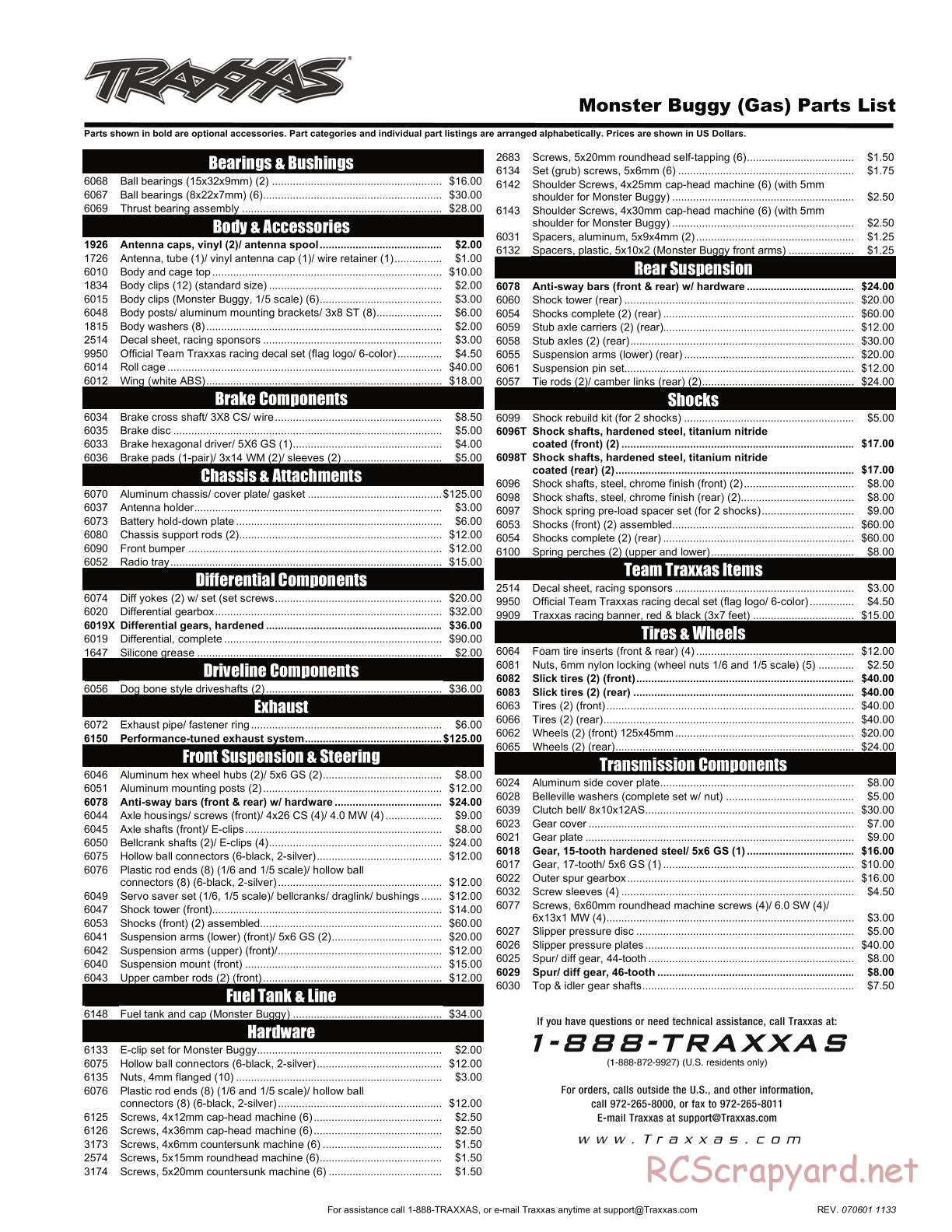 Traxxas - Monster Buggy (Gas Buggy) (1993) - Parts List - Page 1