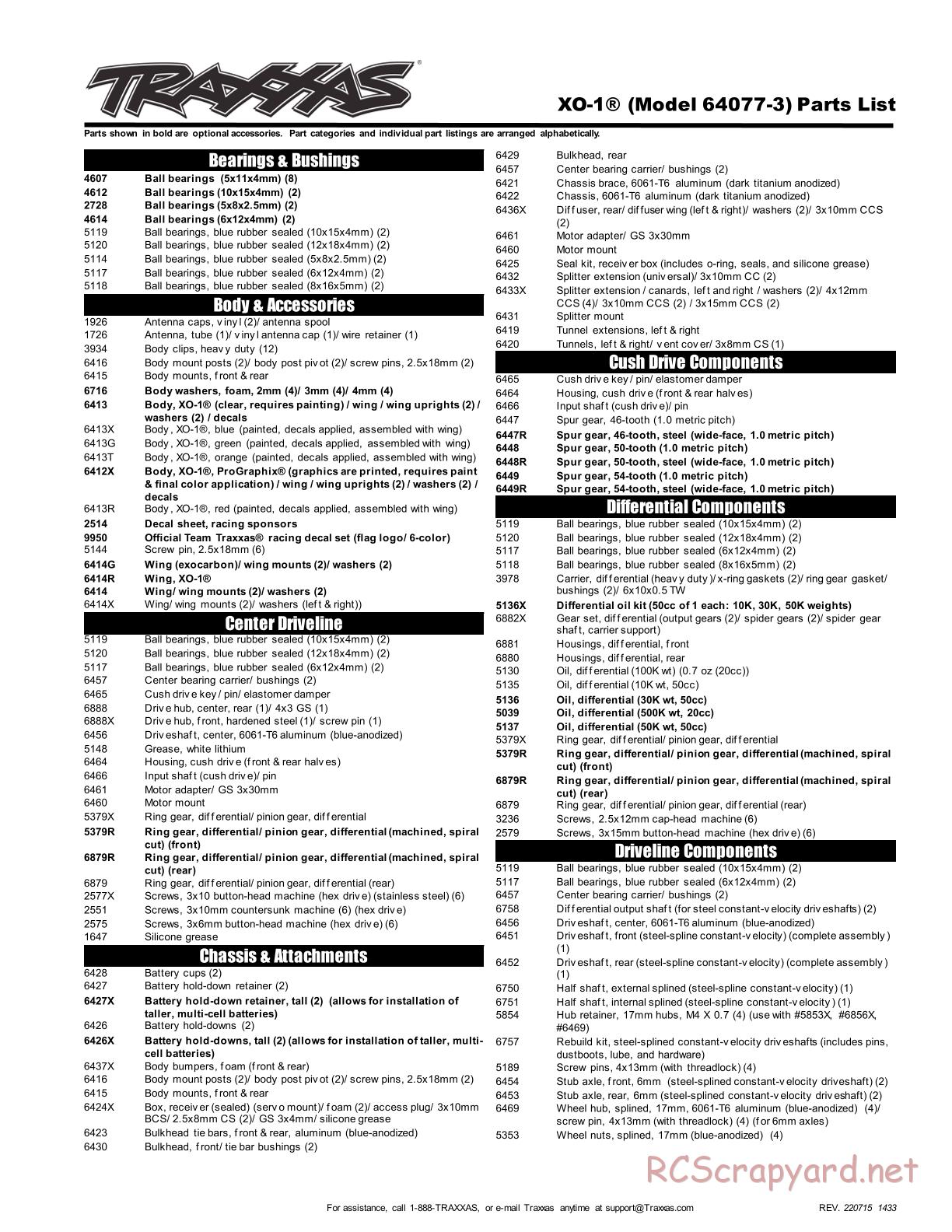Traxxas - XO-1 TSM - Parts List - Page 1