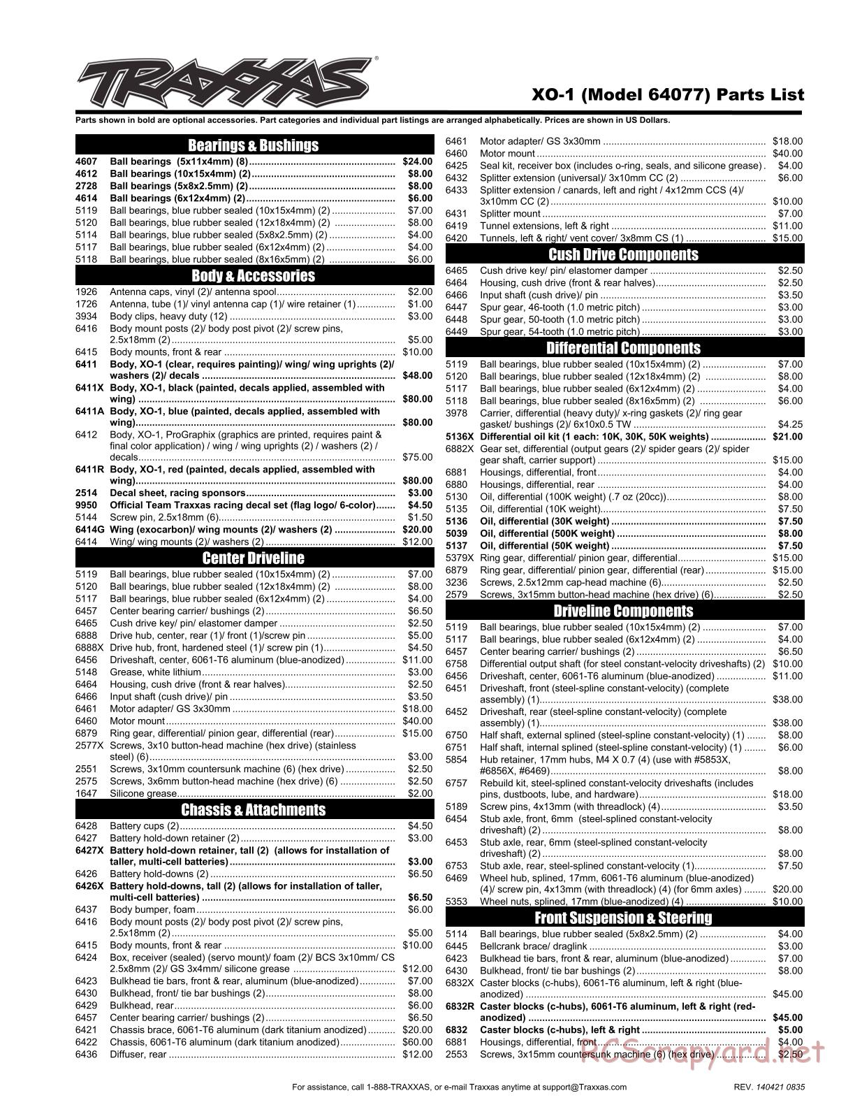 Traxxas - XO-1 (2014) - Parts List - Page 1