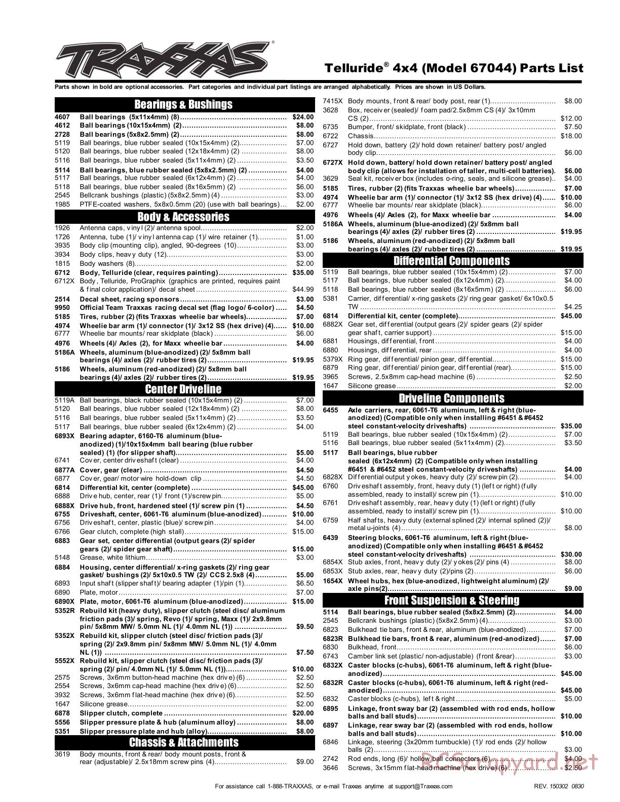 Traxxas - Telluride 4x4 (2013) - Parts List - Page 1