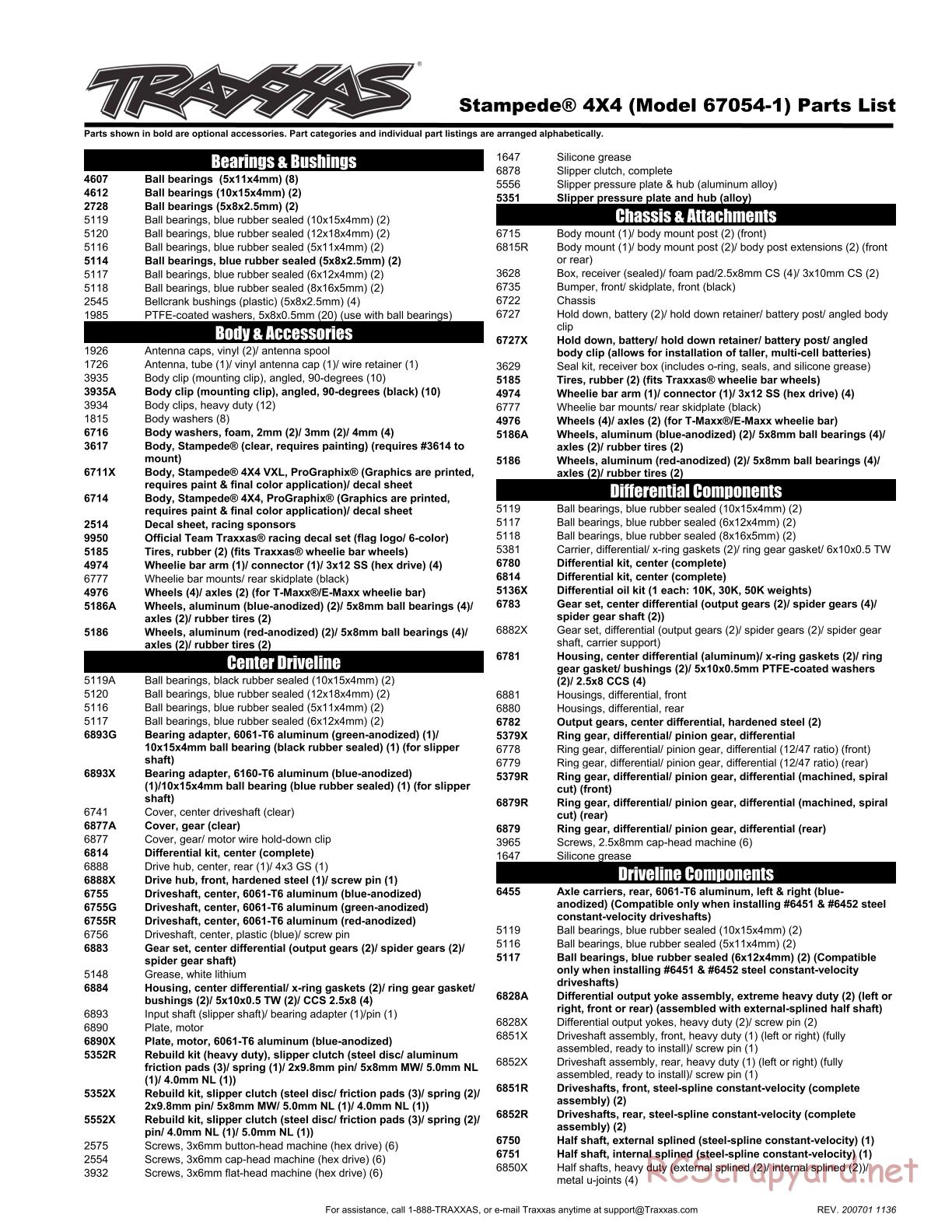 Traxxas - Stampede 4x4 - Parts List - Page 1