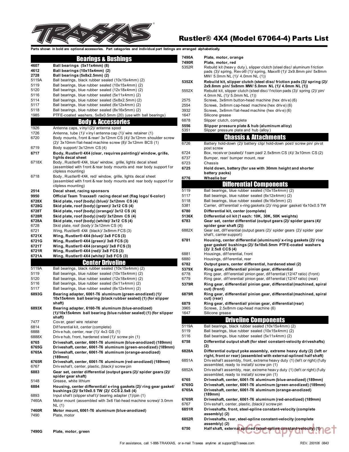 Traxxas - Rustler 4x4 XL-5 (2018) - Parts List - Page 1