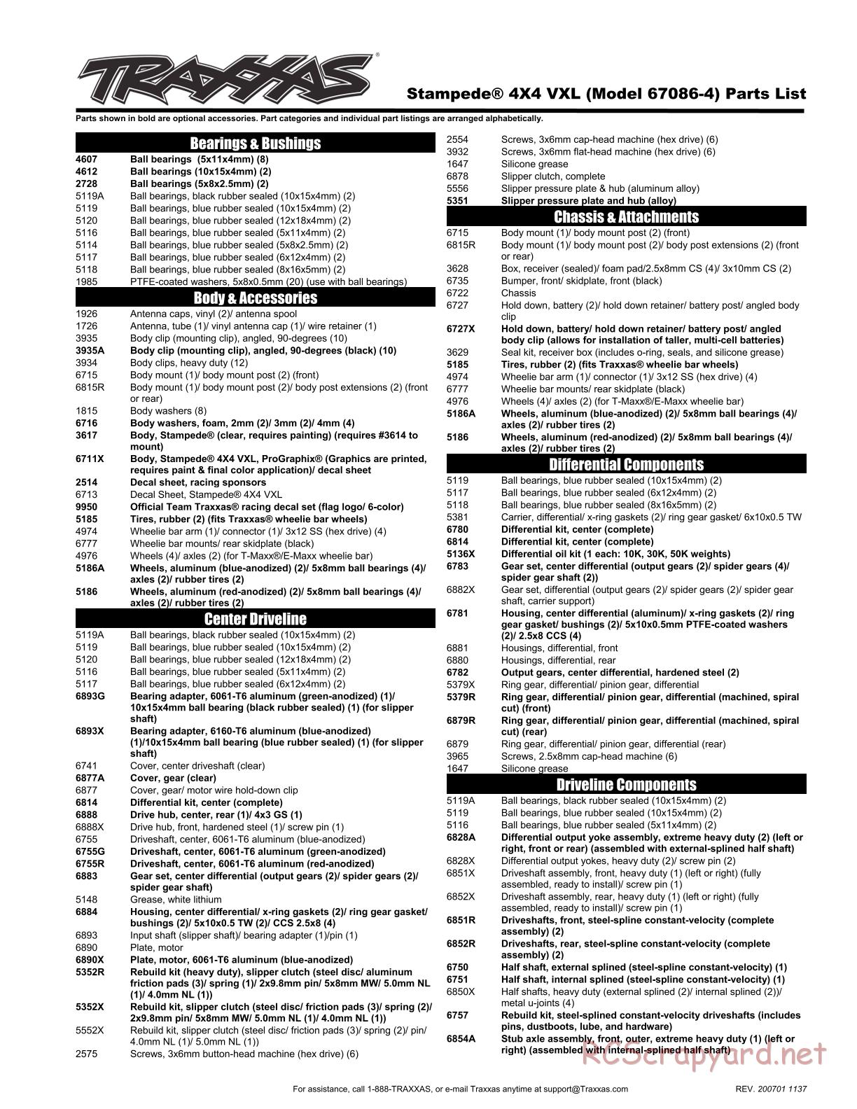 Traxxas - Stampede 4x4 VXL TSM - Parts List - Page 1
