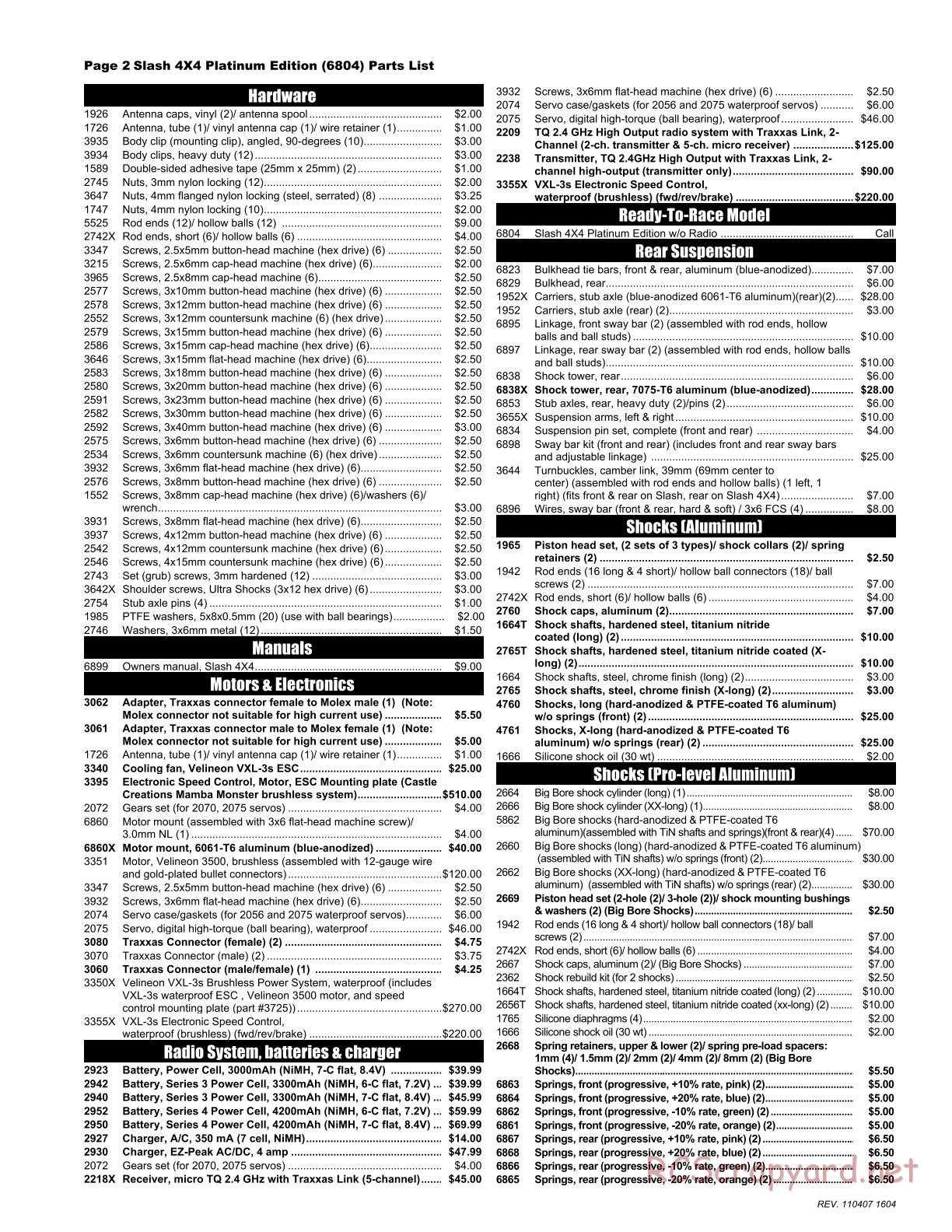 Traxxas - Slash 4x4 Platinum Ed (2010) - Parts List - Page 2