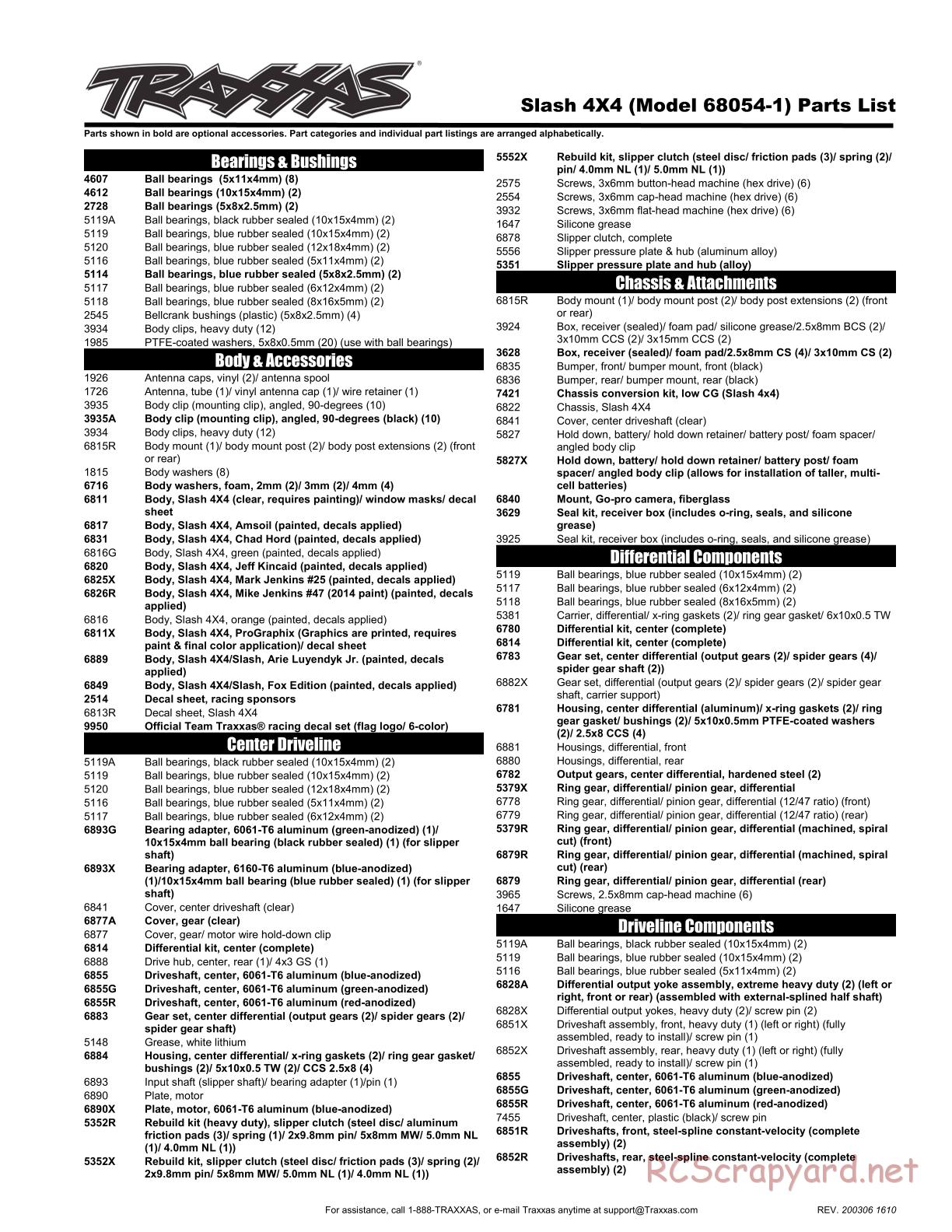 Traxxas - Slash 4x4 Brushed - Parts List - Page 1