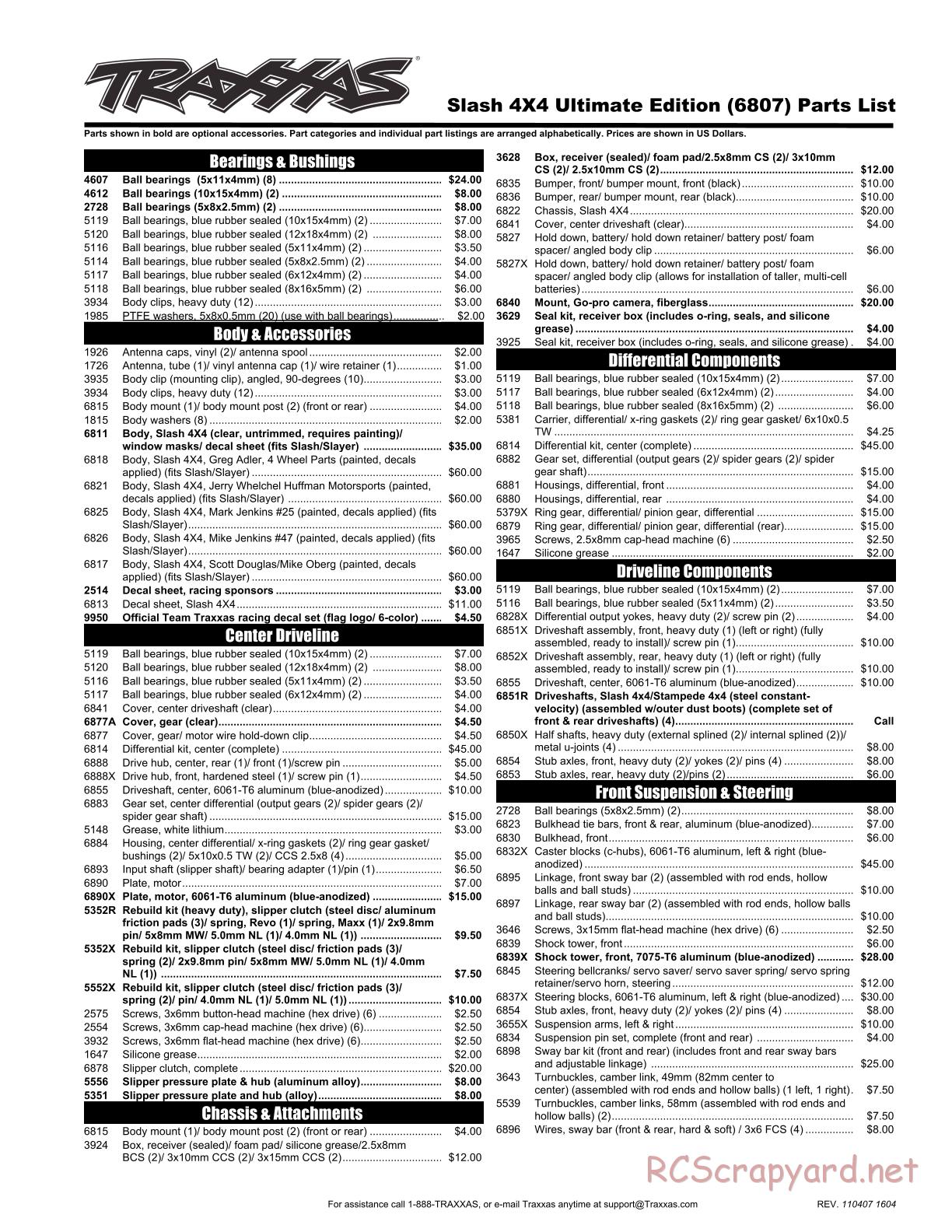 Traxxas - Slash 4x4 Ultimate - Parts List - Page 1