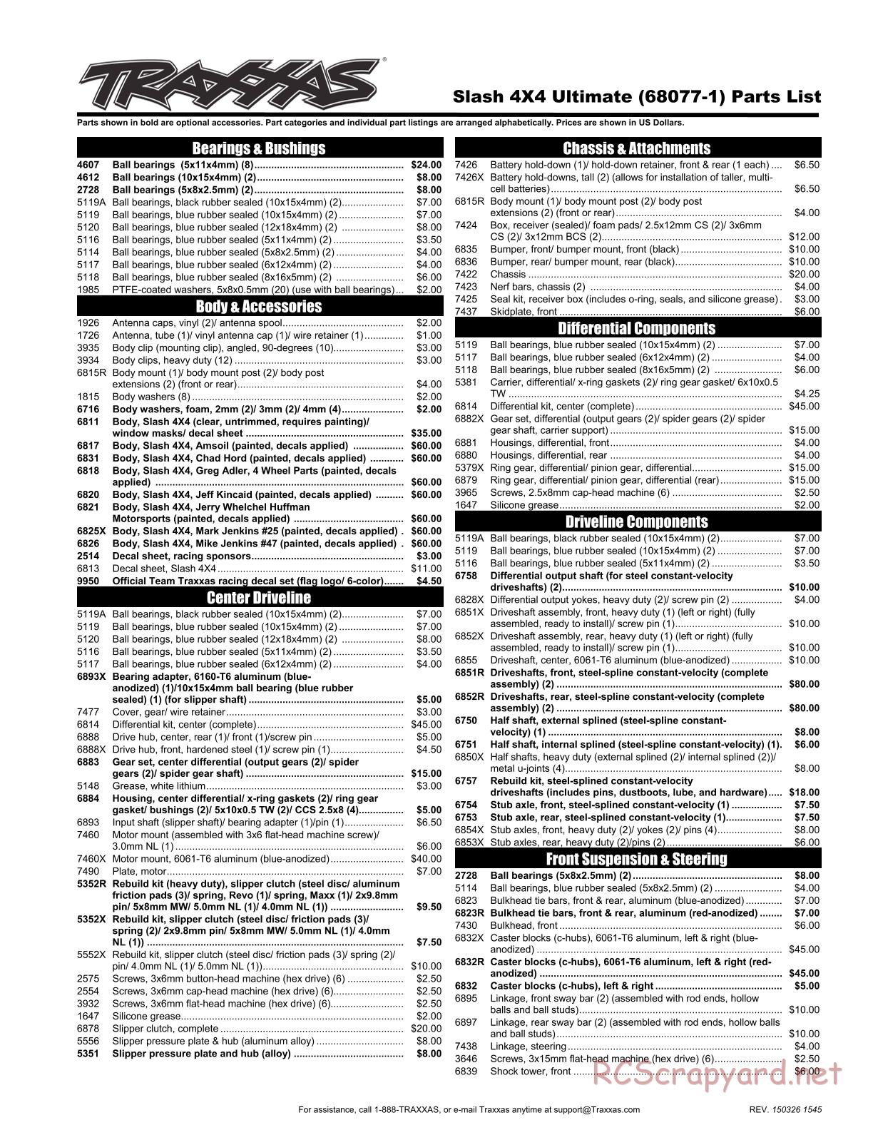 Traxxas - Slash 4x4 Ultimate (2015) - Parts List - Page 1