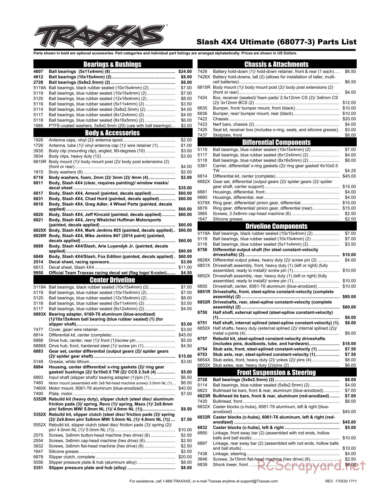 Traxxas - Slash 4x4 Ultimate TSM (2016) - Parts List - Page 1