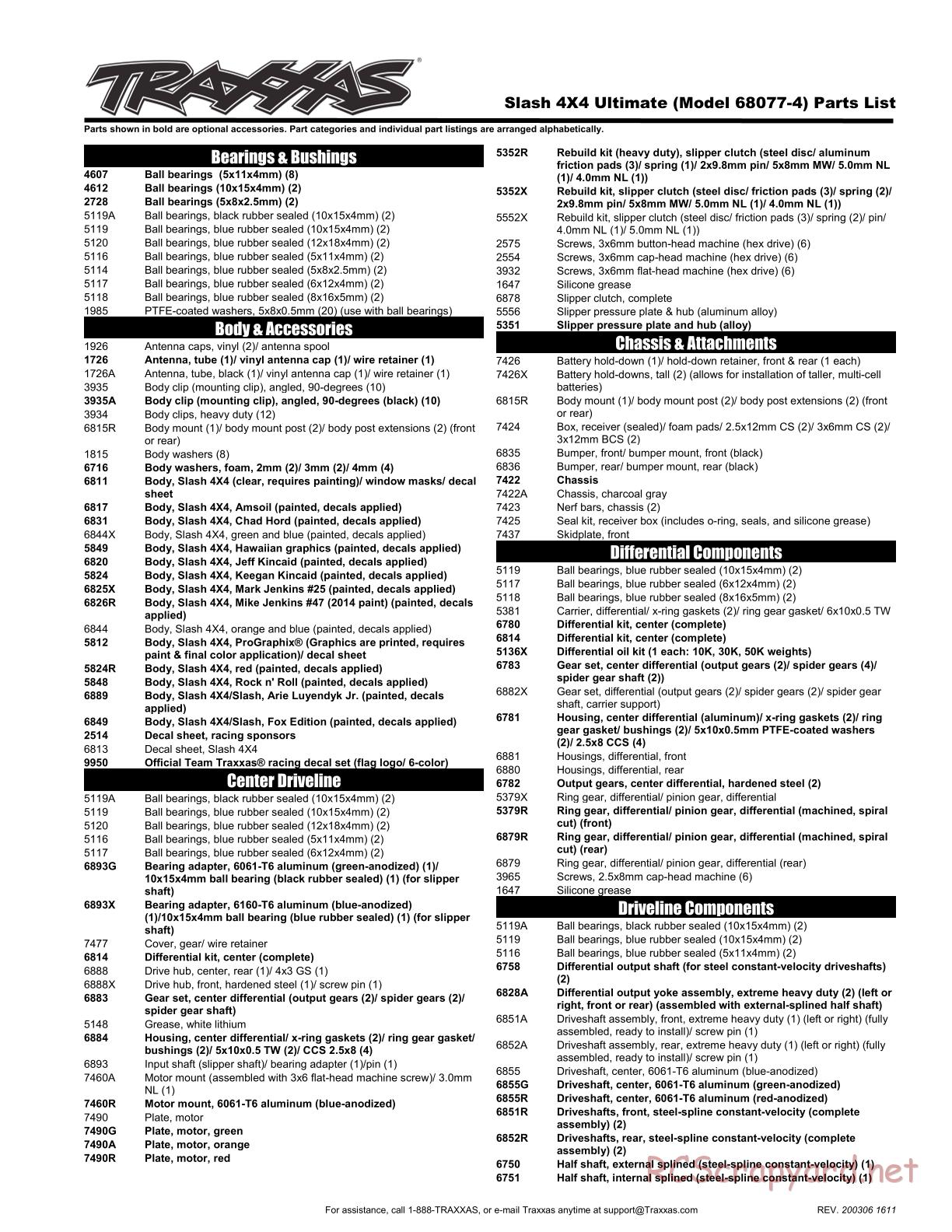 Traxxas - Slash 4x4 Ultimate TSM - Parts List - Page 1