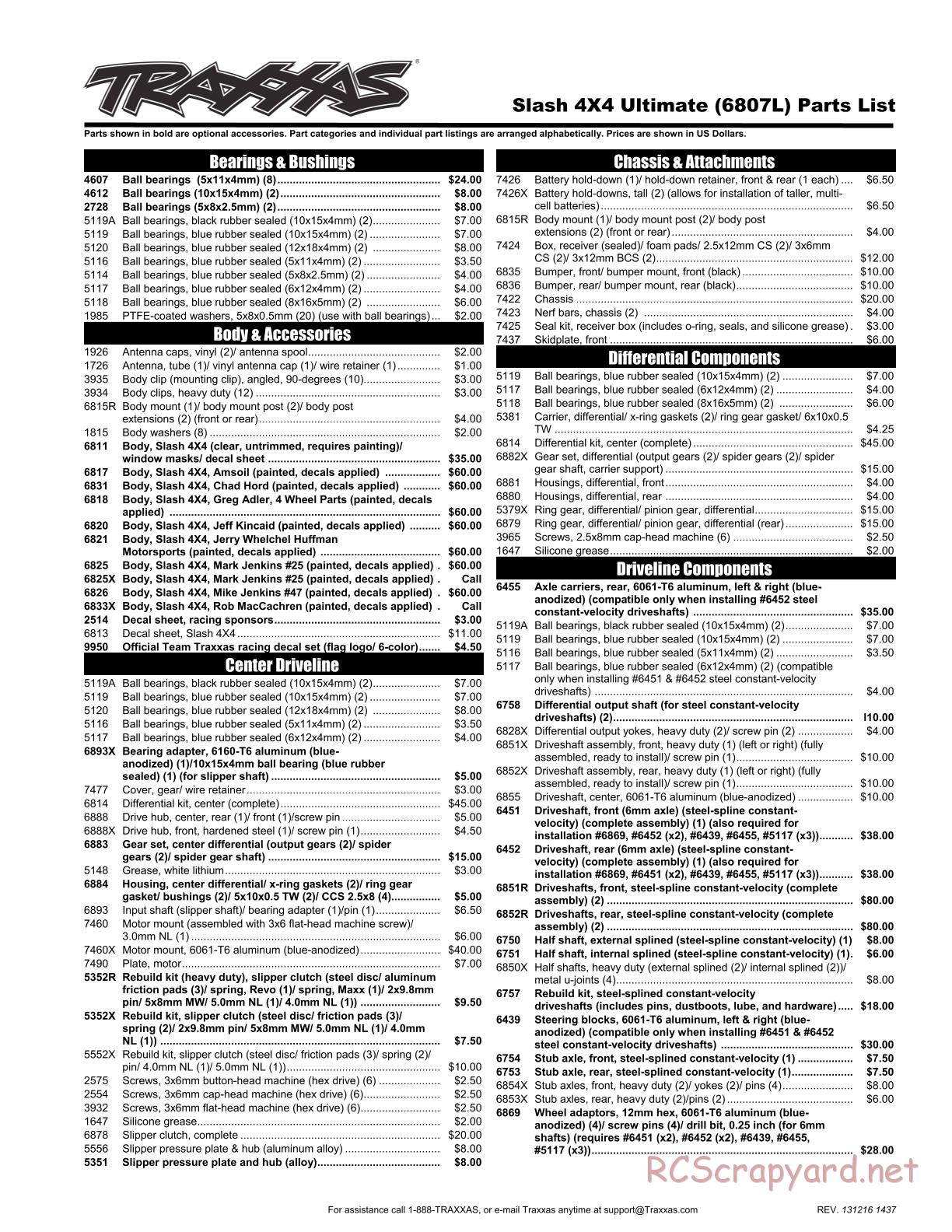 Traxxas - Slash 4x4 Ultimate LiPo (2012) - Parts List - Page 1