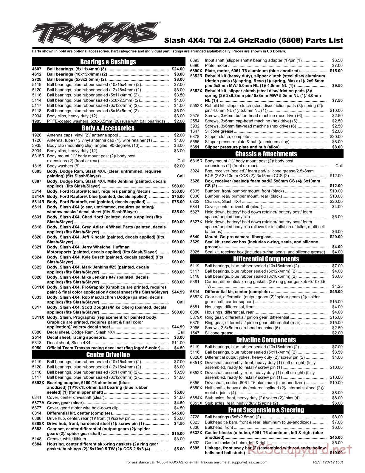 Traxxas - Slash 4x4 - Parts List - Page 1