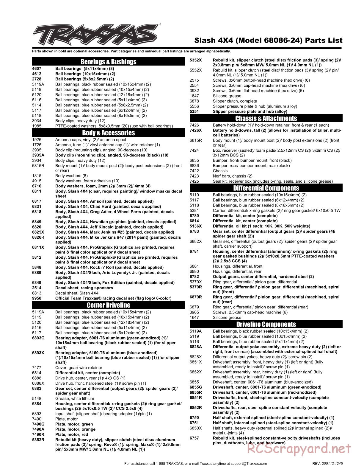 Traxxas - Slash 4x4 TSM OBA (2017) - Parts List - Page 1