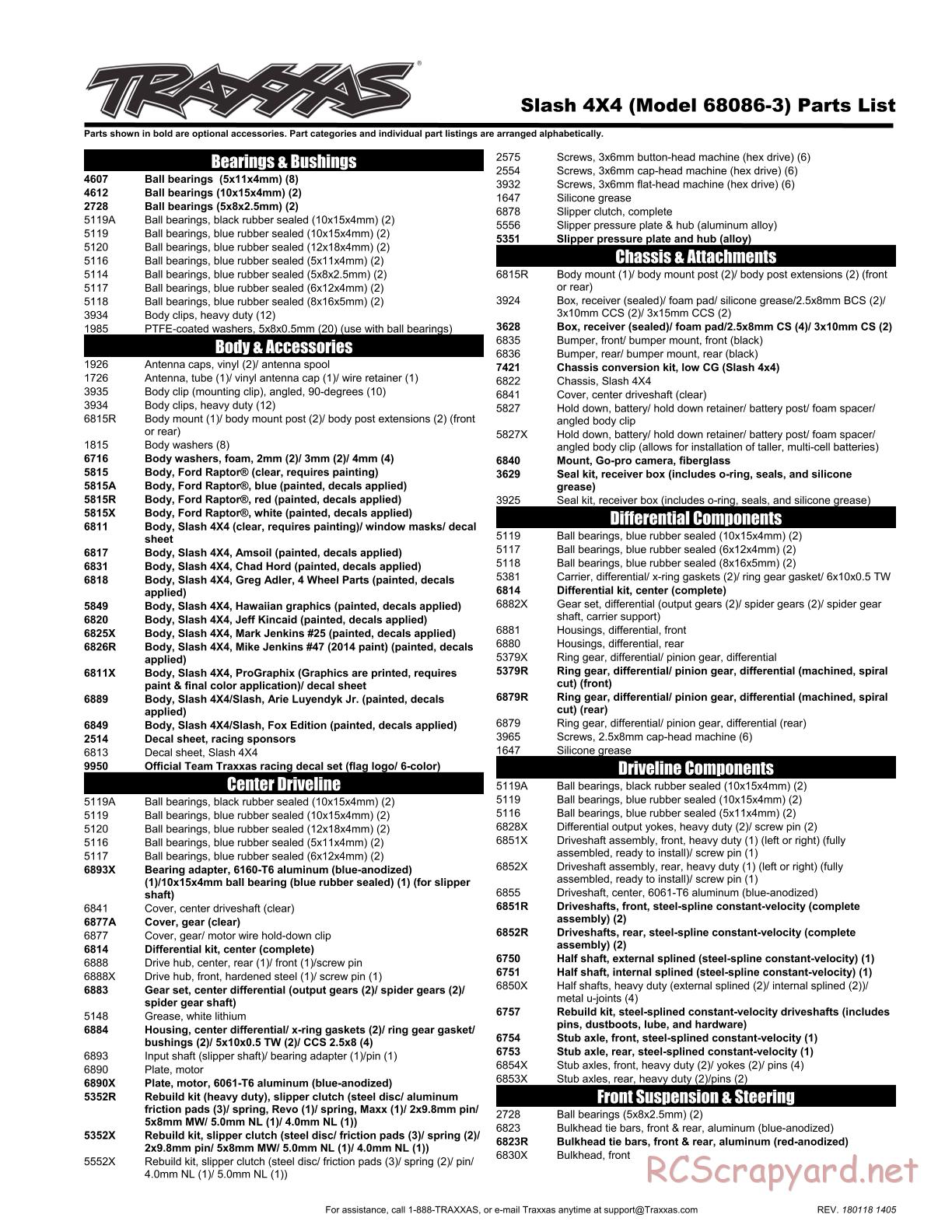 Traxxas - Slash 4x4 TSM (2015) - Parts List - Page 1