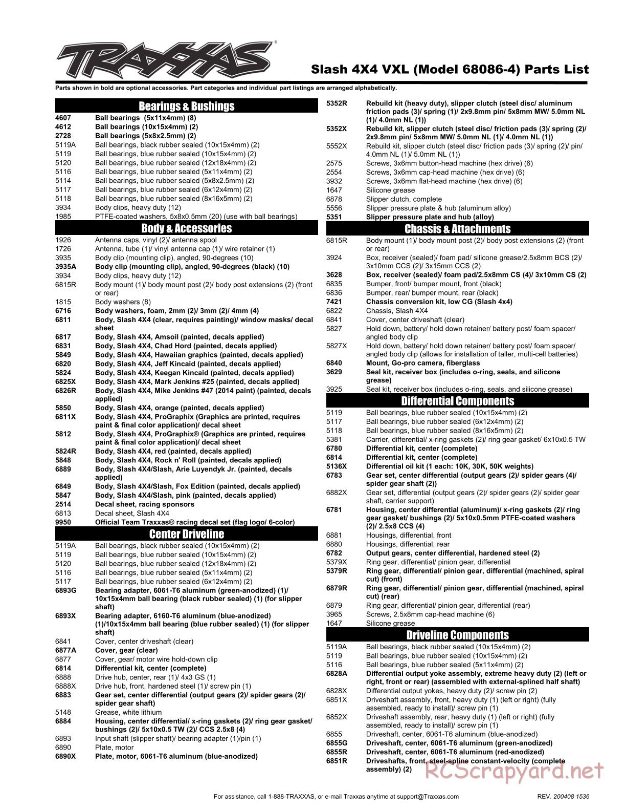 Traxxas - Slash 4x4 VXL - Parts List - Page 1