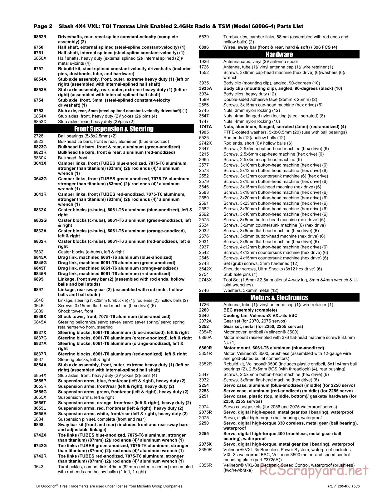 Traxxas - Slash 4x4 VXL - Parts List - Page 2