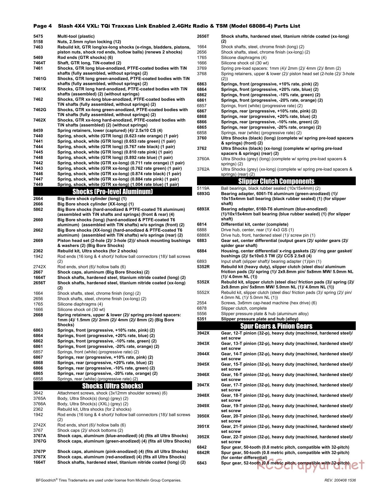 Traxxas - Slash 4x4 VXL - Parts List - Page 4