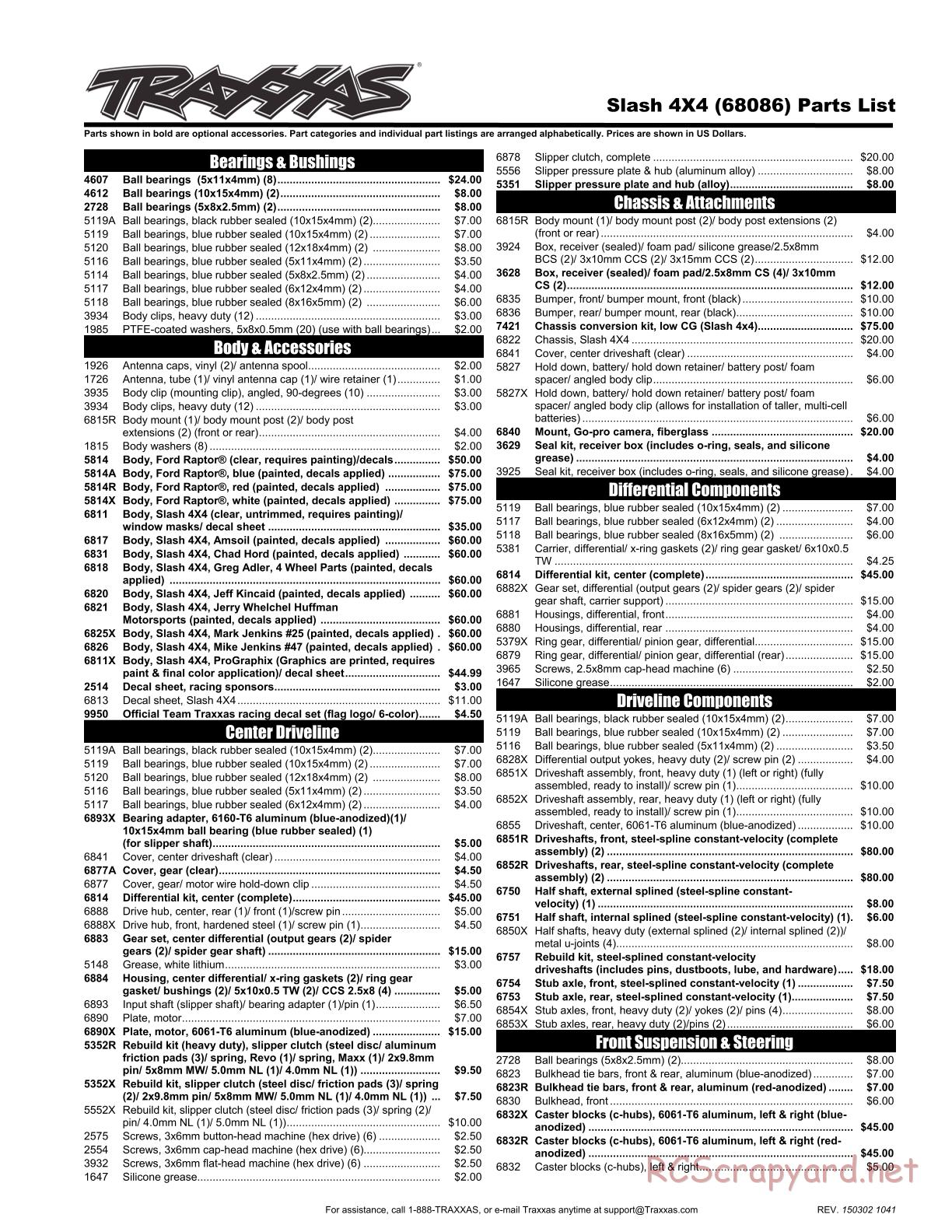 Traxxas - Slash 4x4 (2014) - Parts List - Page 1