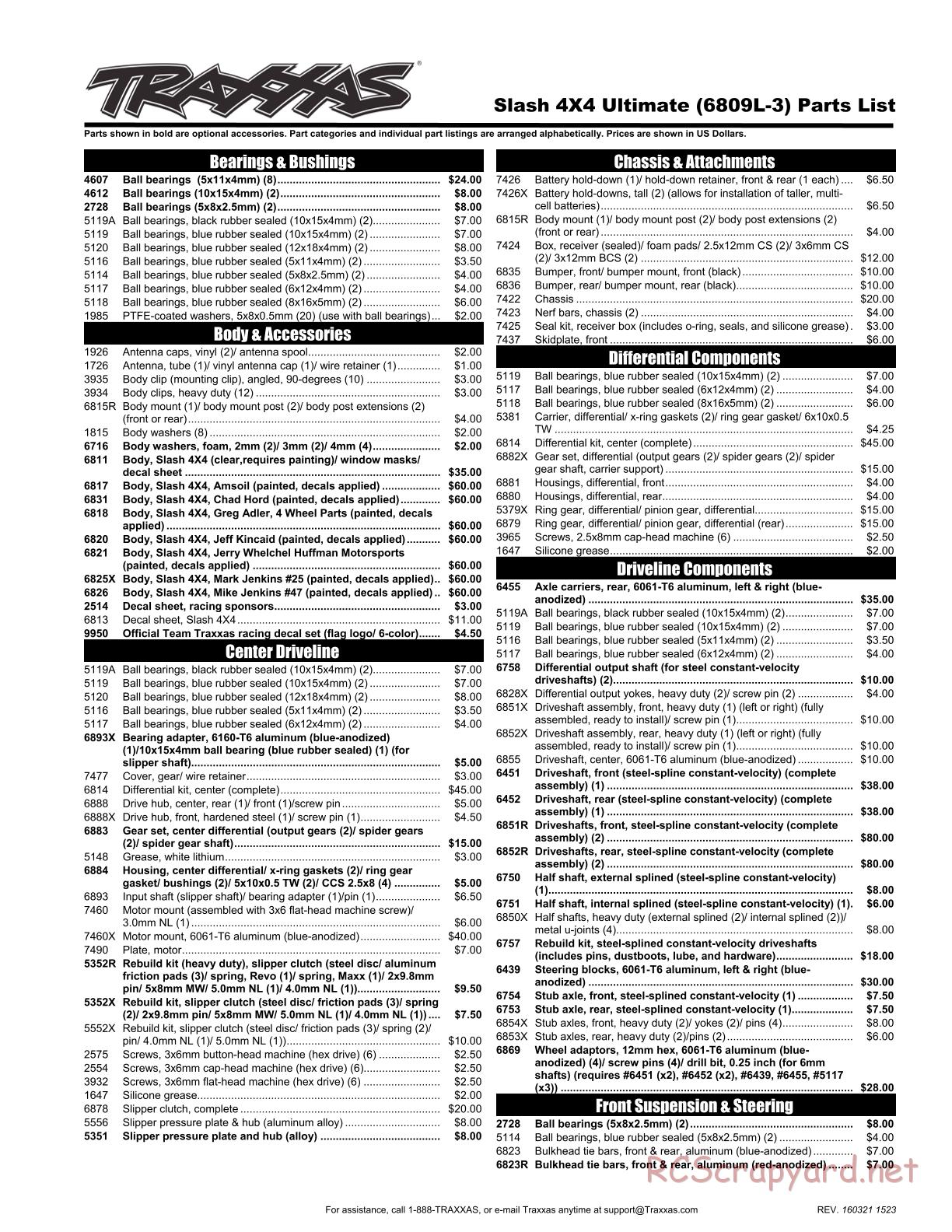 Traxxas - Slash 4x4 Ultimate TSM LiPo (2016) - Parts List - Page 1