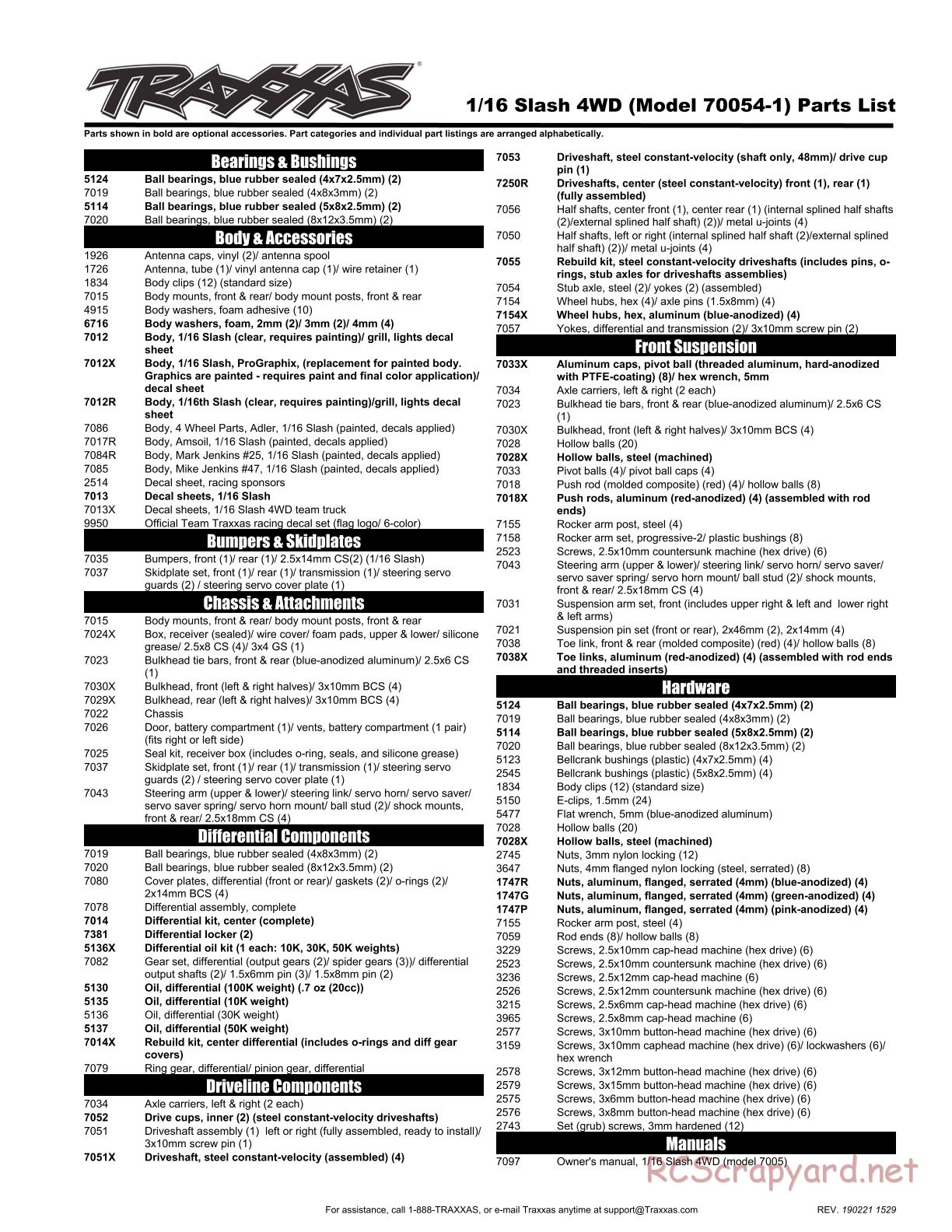 Traxxas - 1/16 Slash 4x4 Brushed - Parts List - Page 1