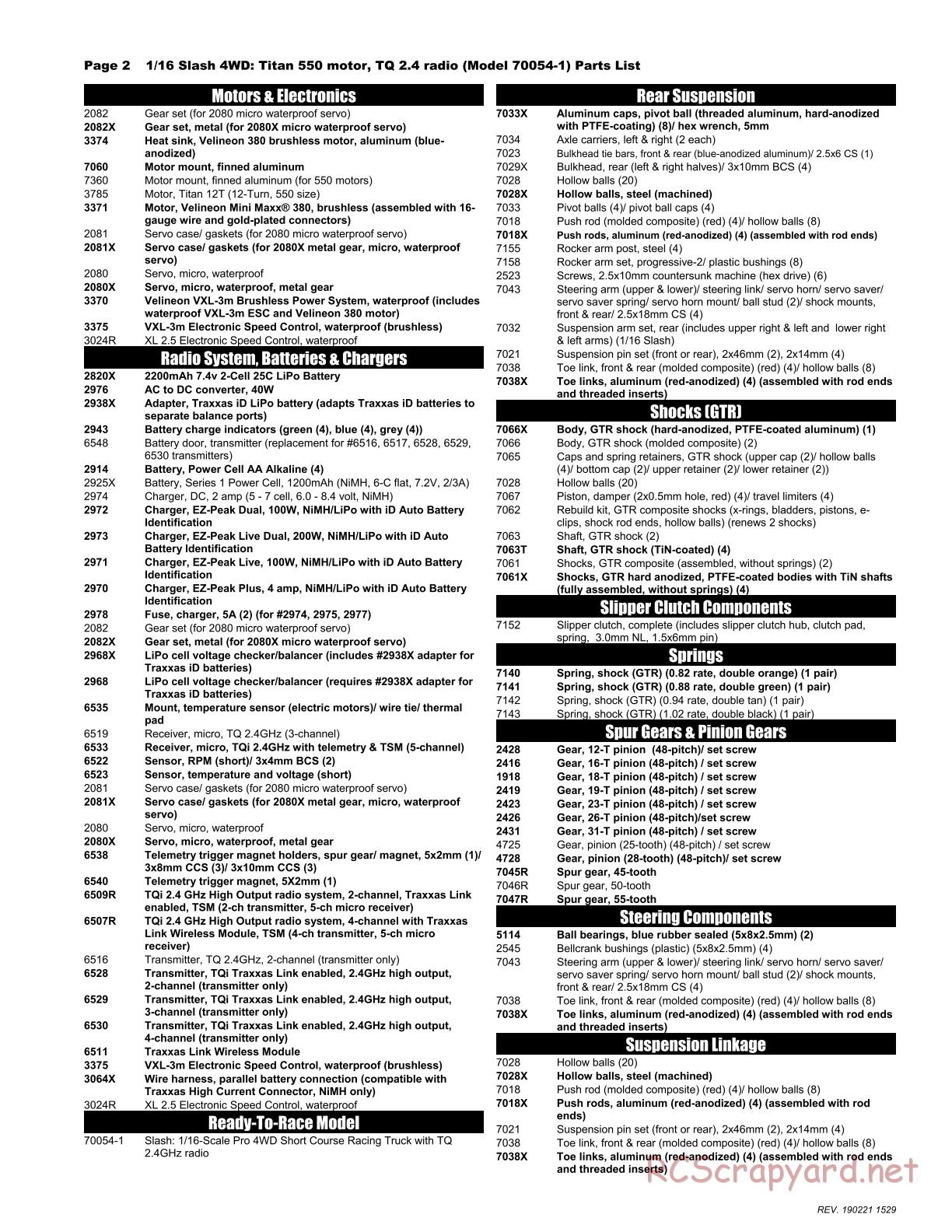Traxxas - 1/16 Slash 4x4 Brushed - Parts List - Page 2