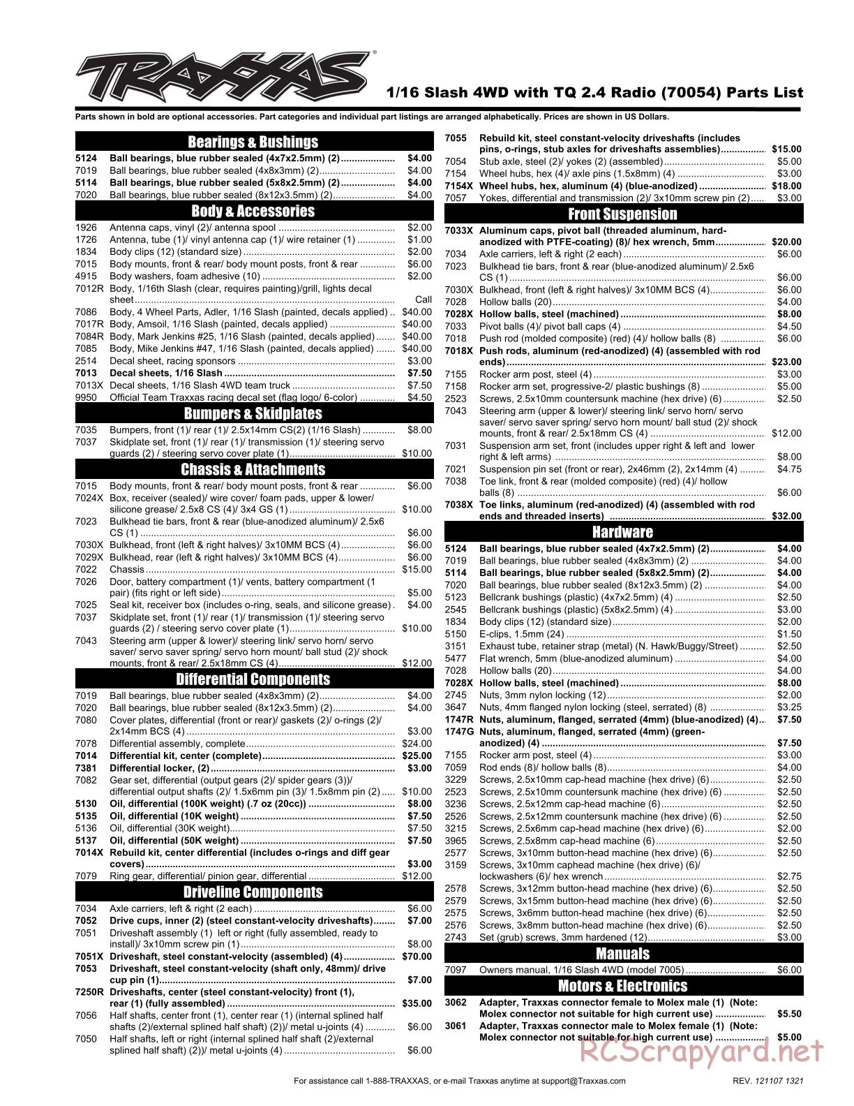 Traxxas - 1/16 Slash 4x4 Brushed (2013) - Parts List - Page 1