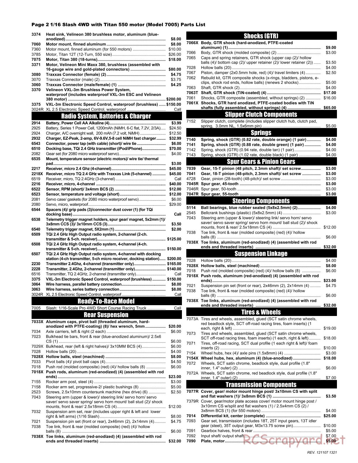 Traxxas - 1/16 Slash 4x4 Brushed (2013) - Parts List - Page 2