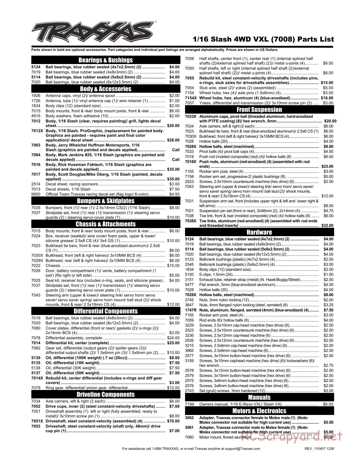 Traxxas - 1/16 Slash VXL 4WD (2009) - Parts List - Page 1