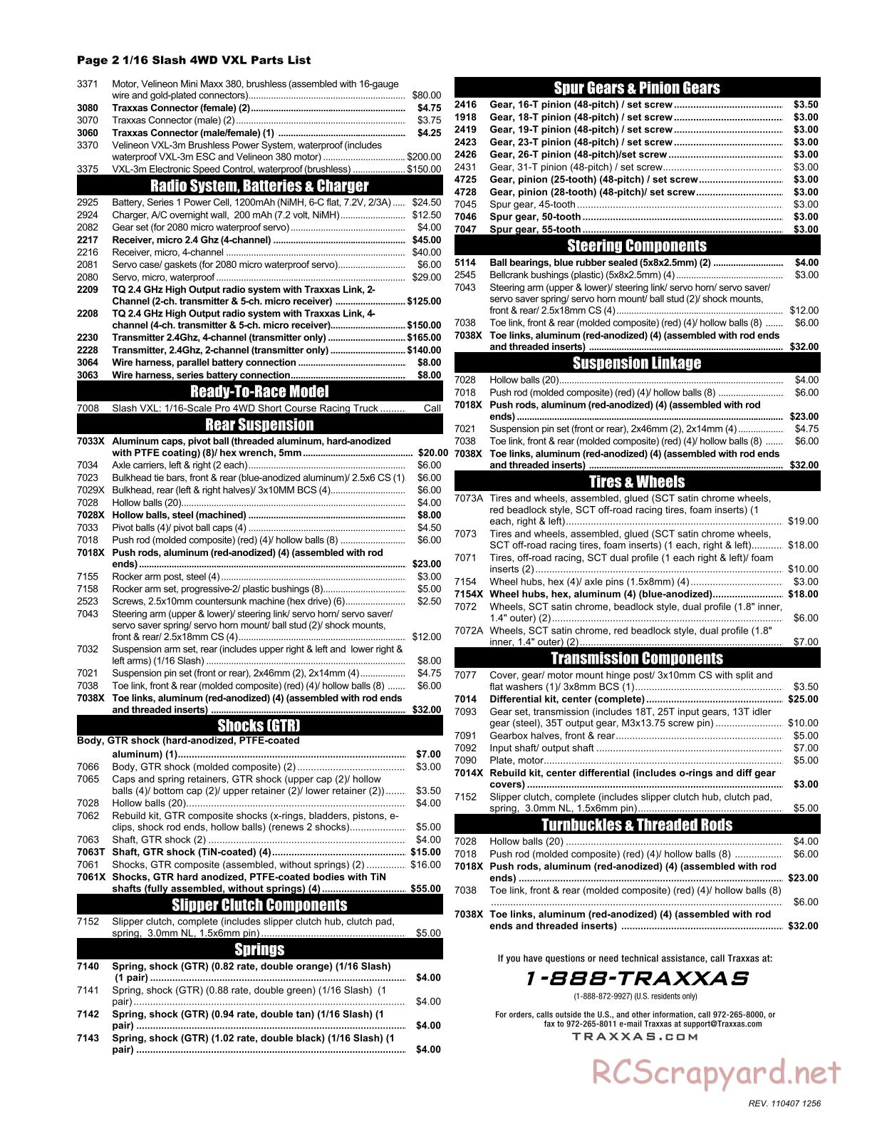 Traxxas - 1/16 Slash VXL 4WD (2009) - Parts List - Page 2